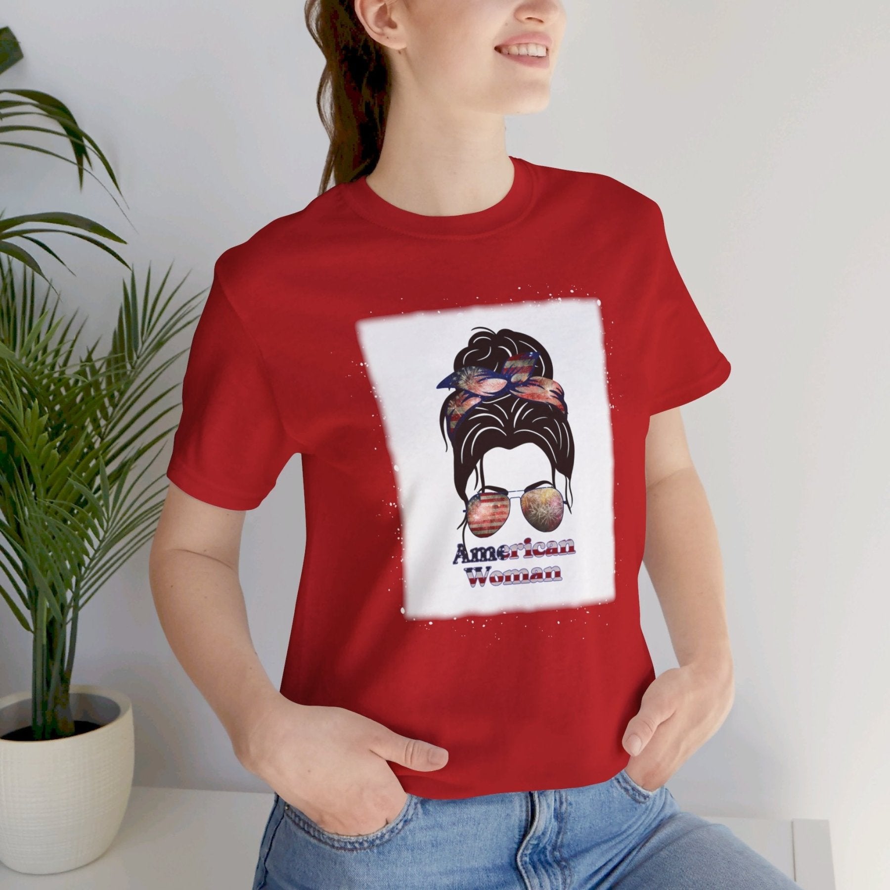 American Woman, Black Hair, White Background, Unisex Jersey Short Sleeve Tee - Janlyn's Crafts