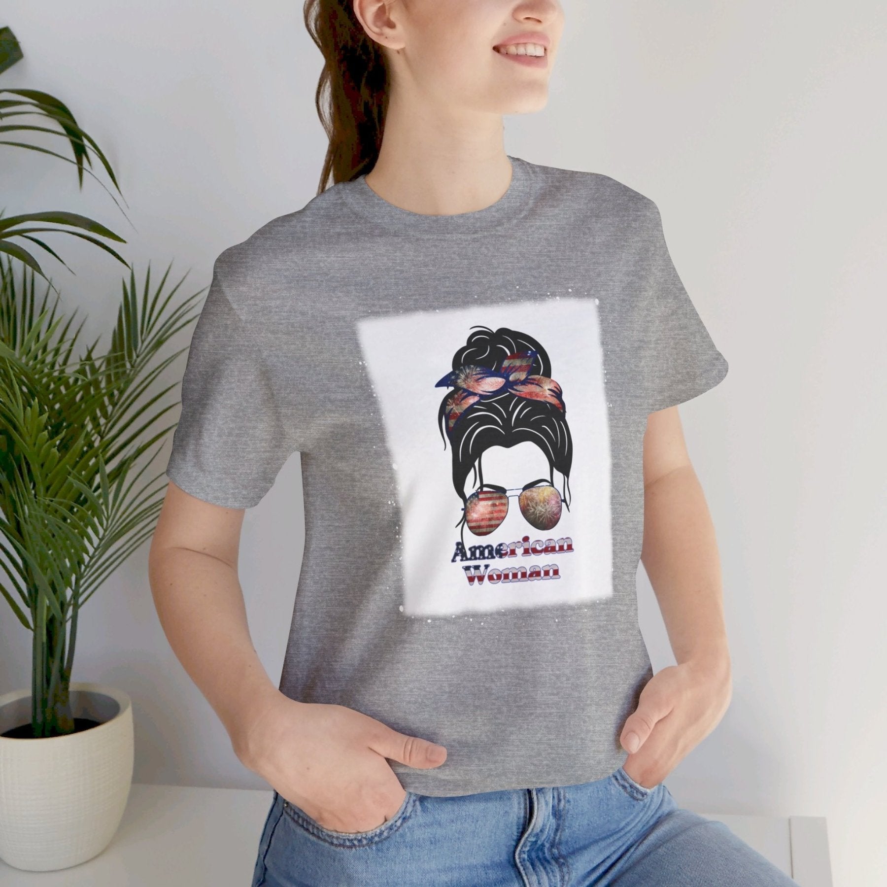 American Woman, Black Hair, White Background, Unisex Jersey Short Sleeve Tee - Janlyn's Crafts