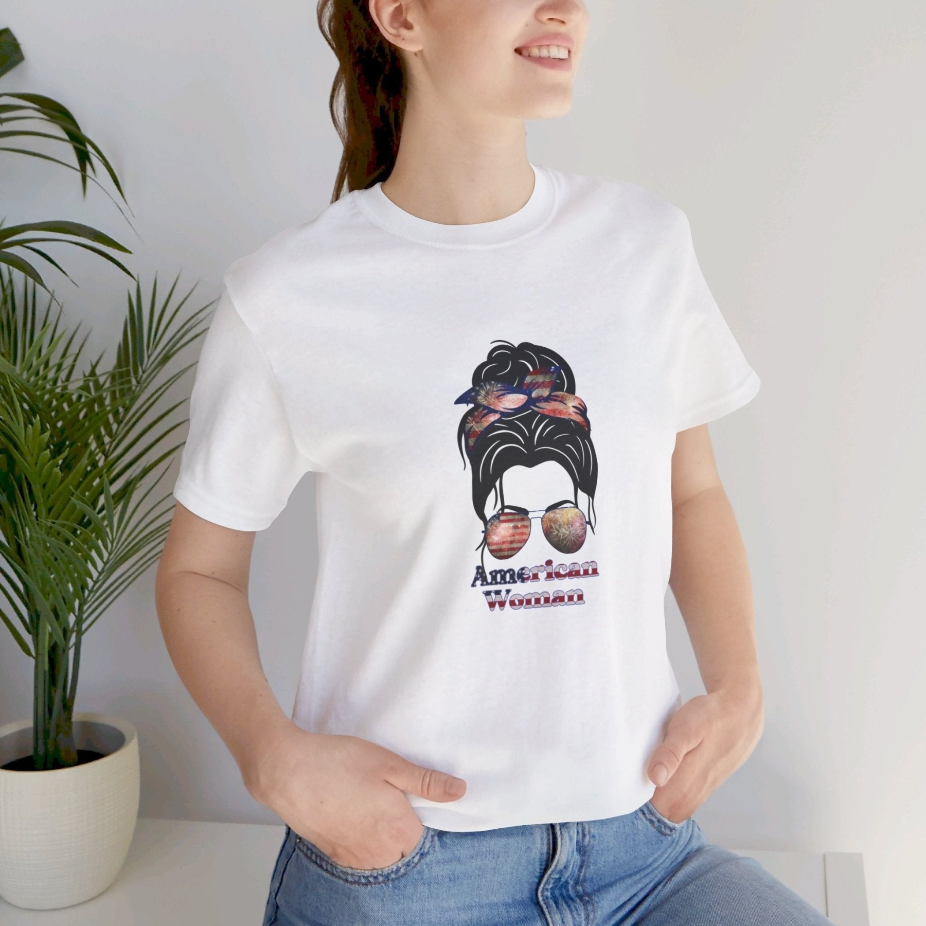 American Woman, Black Hair, White Background, Unisex Jersey Short Sleeve Tee - Janlyn's Crafts