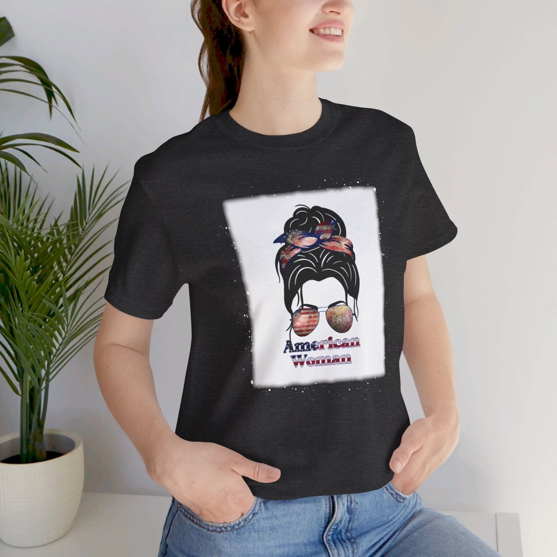 American Woman, Black Hair, White Background, Unisex Jersey Short Sleeve Tee - Janlyn's Crafts