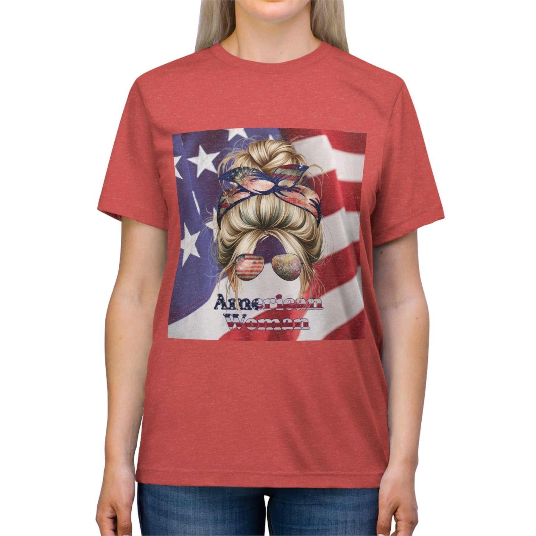 American Woman, Blond Hair, American Flag Background, Unisex Triblend T-Shirt - Janlyn's Crafts