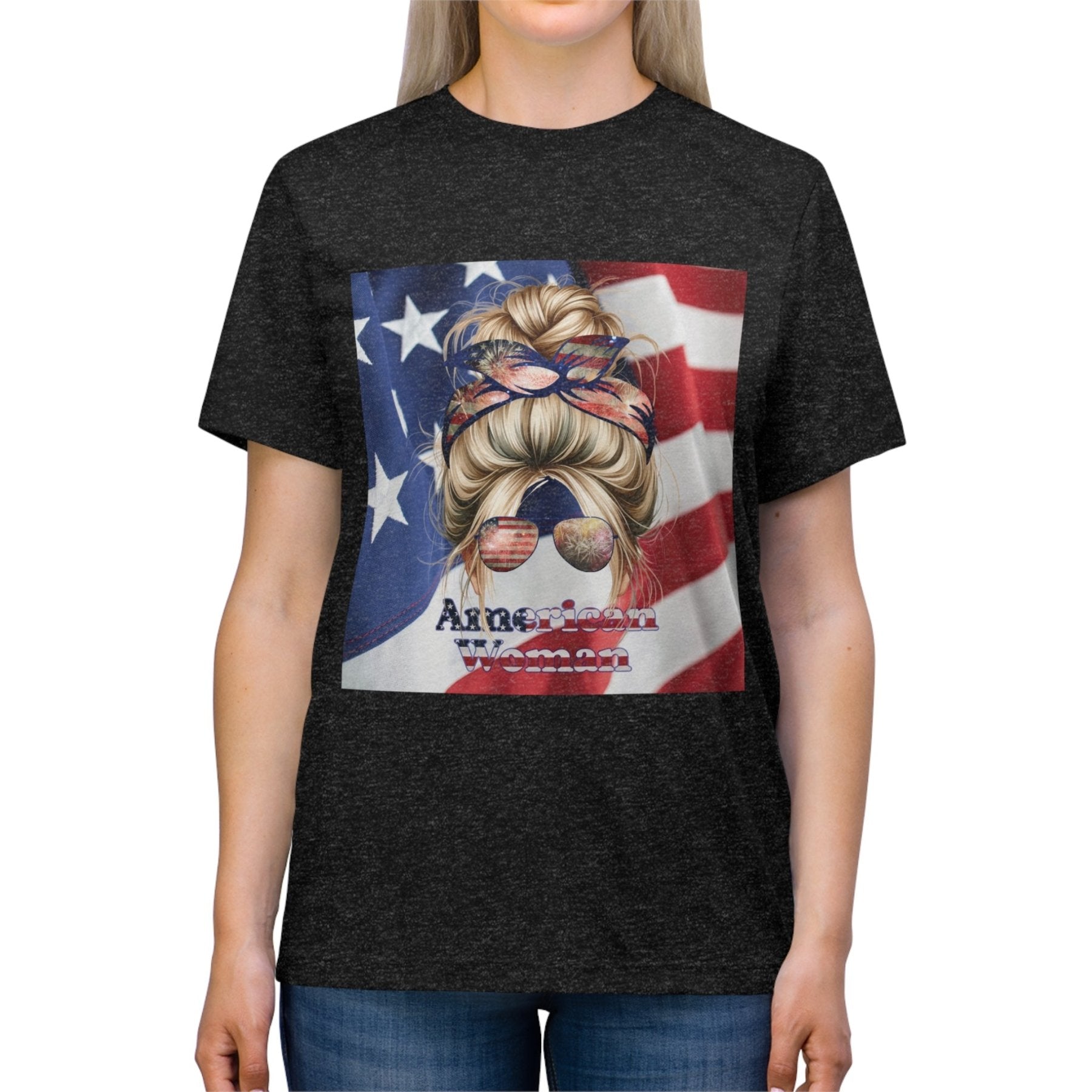 American Woman, Blond Hair, American Flag Background, Unisex Triblend T-Shirt - Janlyn's Crafts