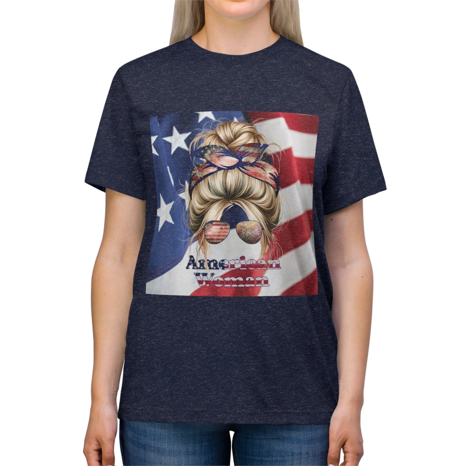 American Woman, Blond Hair, American Flag Background, Unisex Triblend T-Shirt - Janlyn's Crafts