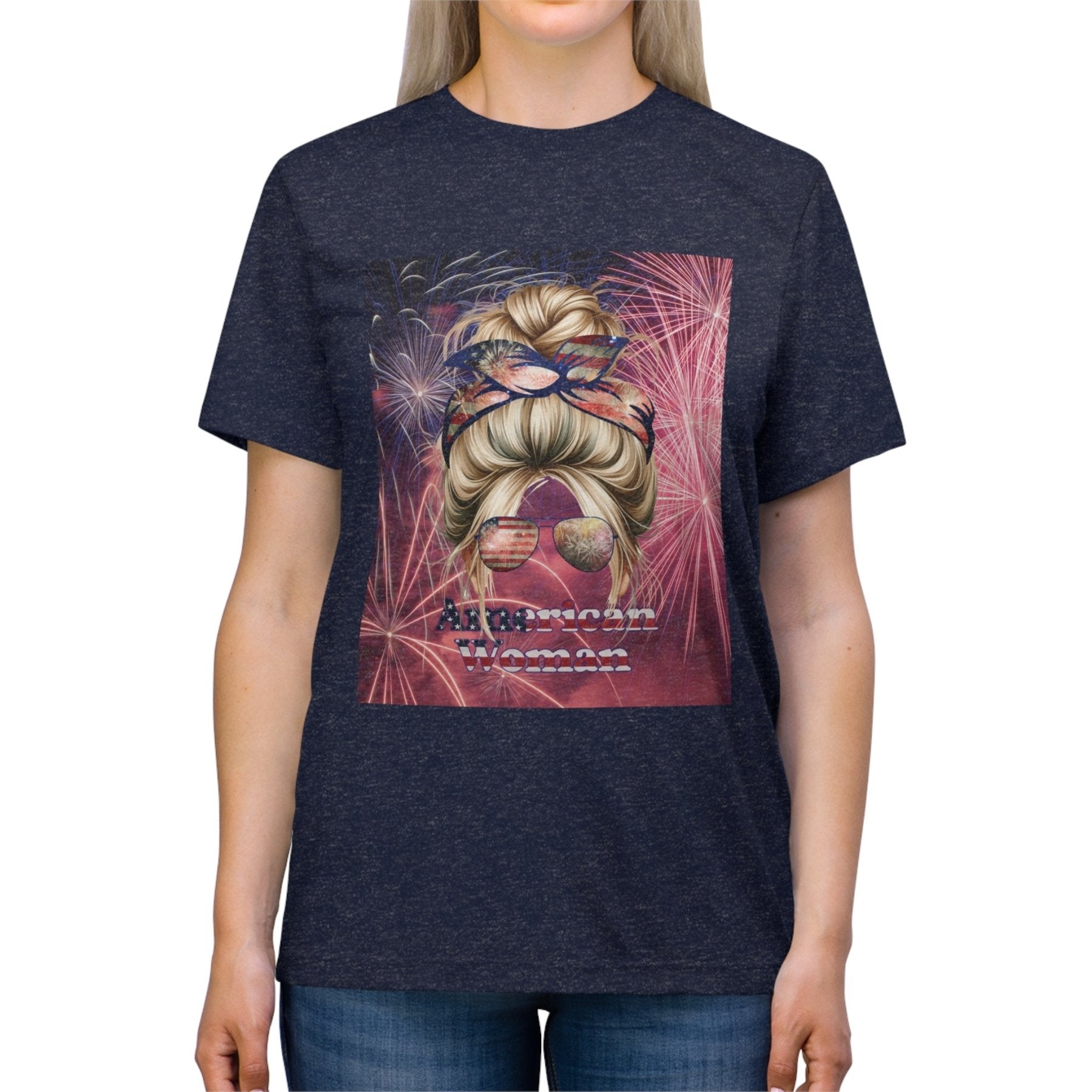 American Woman, Blond Hair, Fireworks Background, Unisex Triblend T-Shirt - Janlyn's Crafts