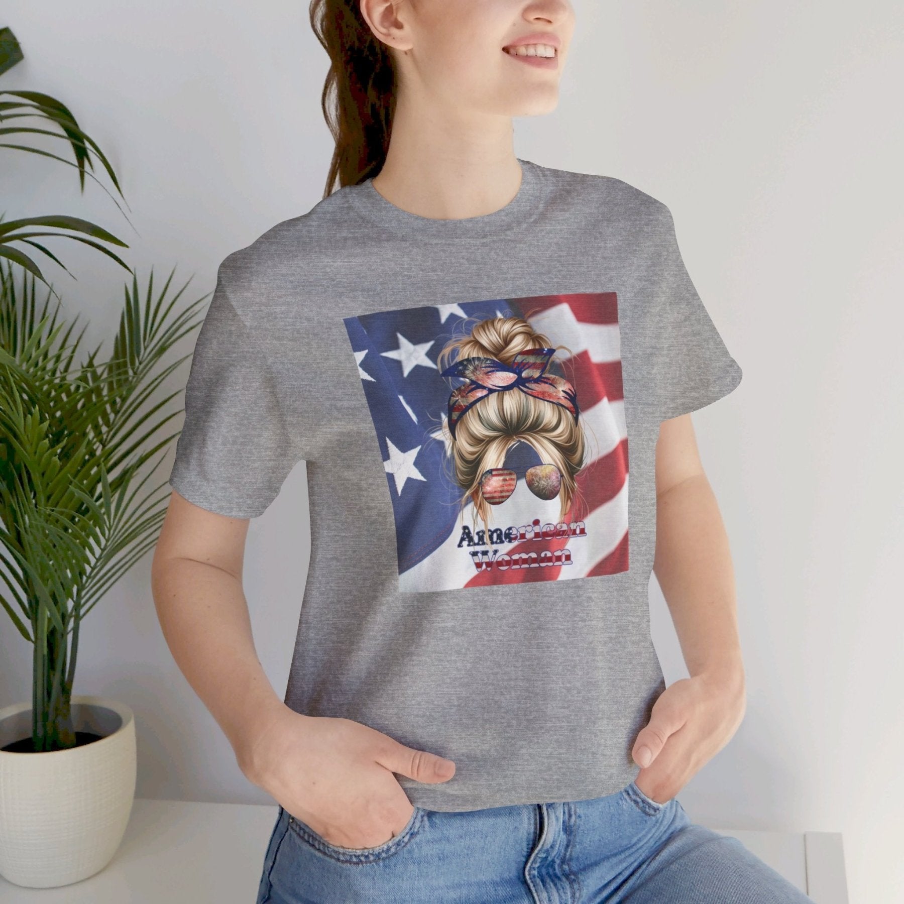 American Woman, Blond Hair, Flag Background, Unisex Jersey Short Sleeve Tee - Janlyn's Crafts