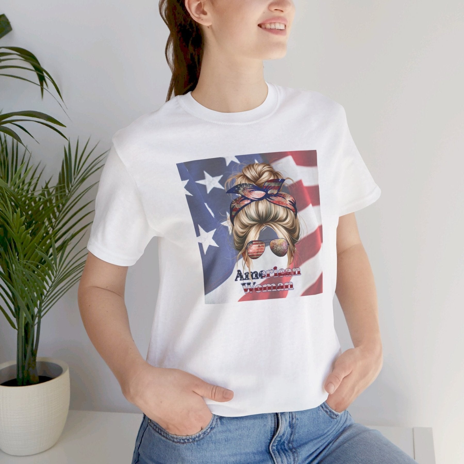 American Woman, Blond Hair, Flag Background, Unisex Jersey Short Sleeve Tee - Janlyn's Crafts