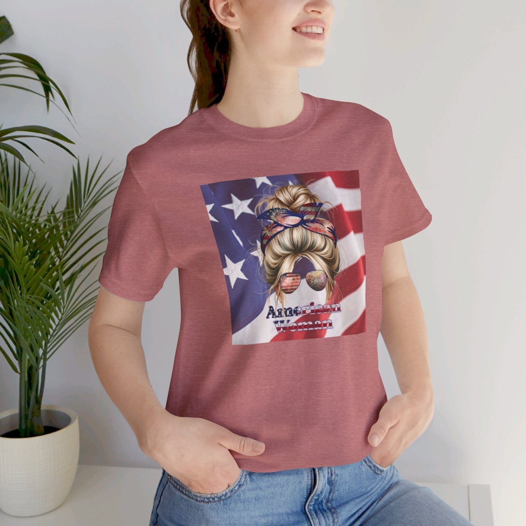 American Woman, Blond Hair, Flag Background, Unisex Jersey Short Sleeve Tee - Janlyn's Crafts