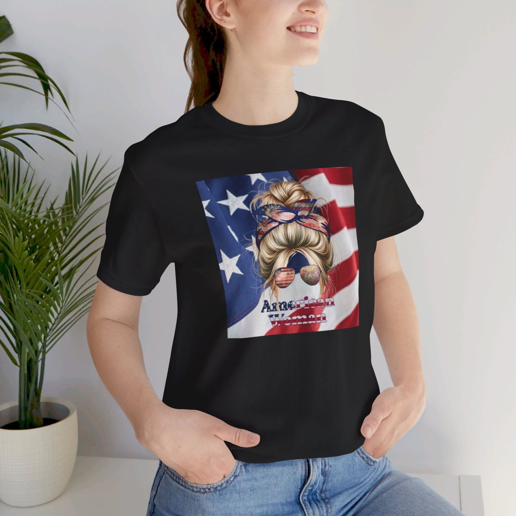 American Woman, Blond Hair, Flag Background, Unisex Jersey Short Sleeve Tee - Janlyn's Crafts