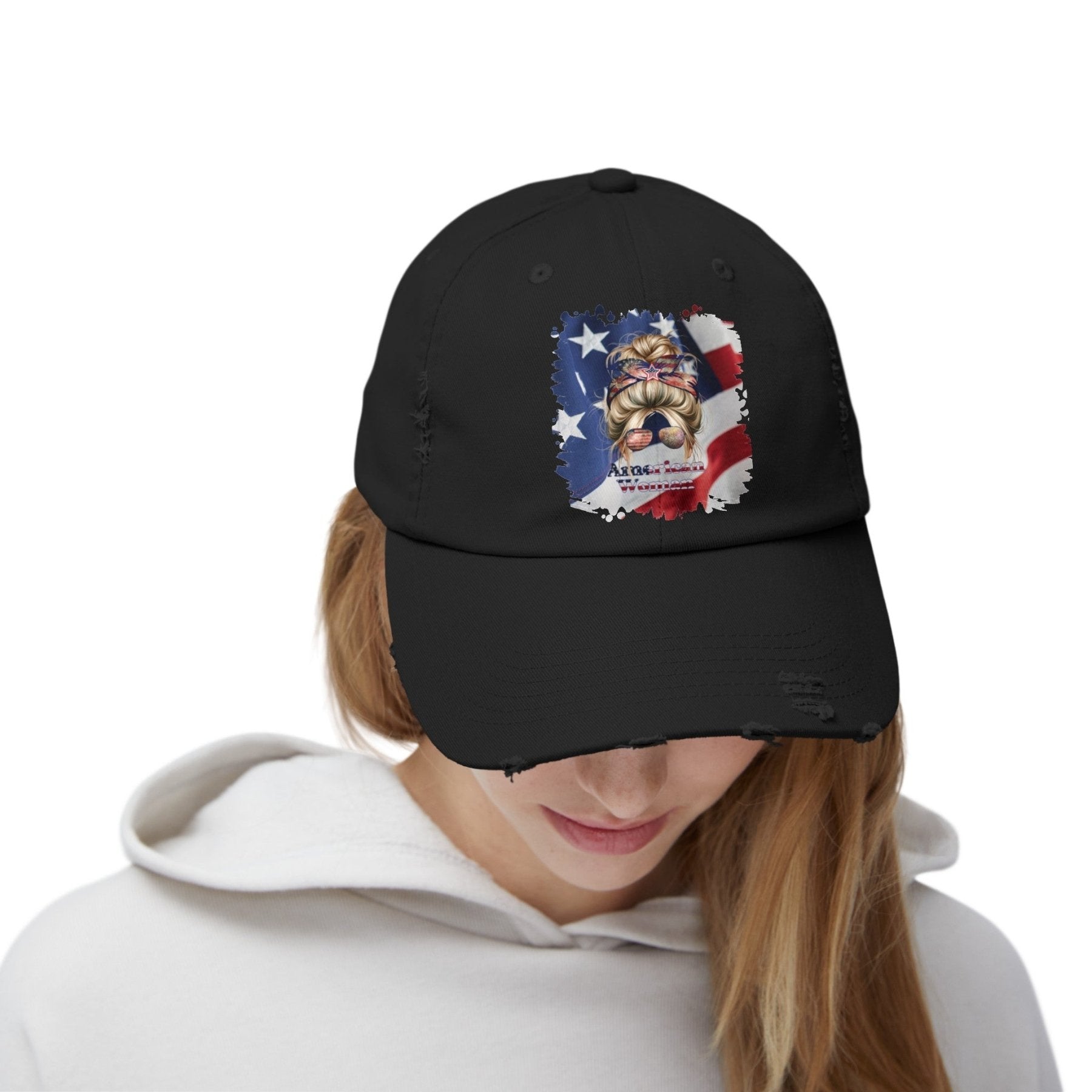 American Woman, Blond Hair Messy Bun, Patriotic, Unisex Distressed Cap - Janlyn's Crafts