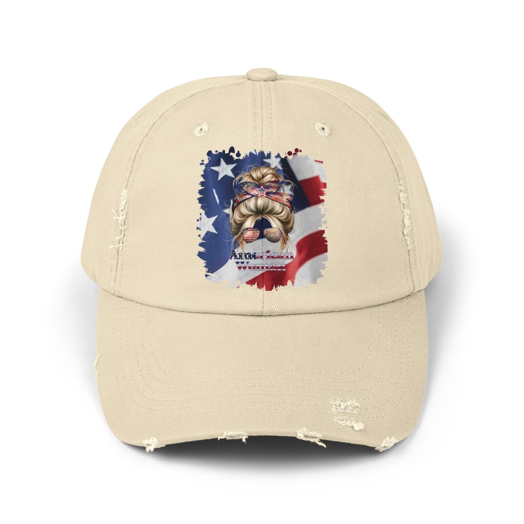 American Woman, Blond Hair Messy Bun, Patriotic, Unisex Distressed Cap - Janlyn's Crafts