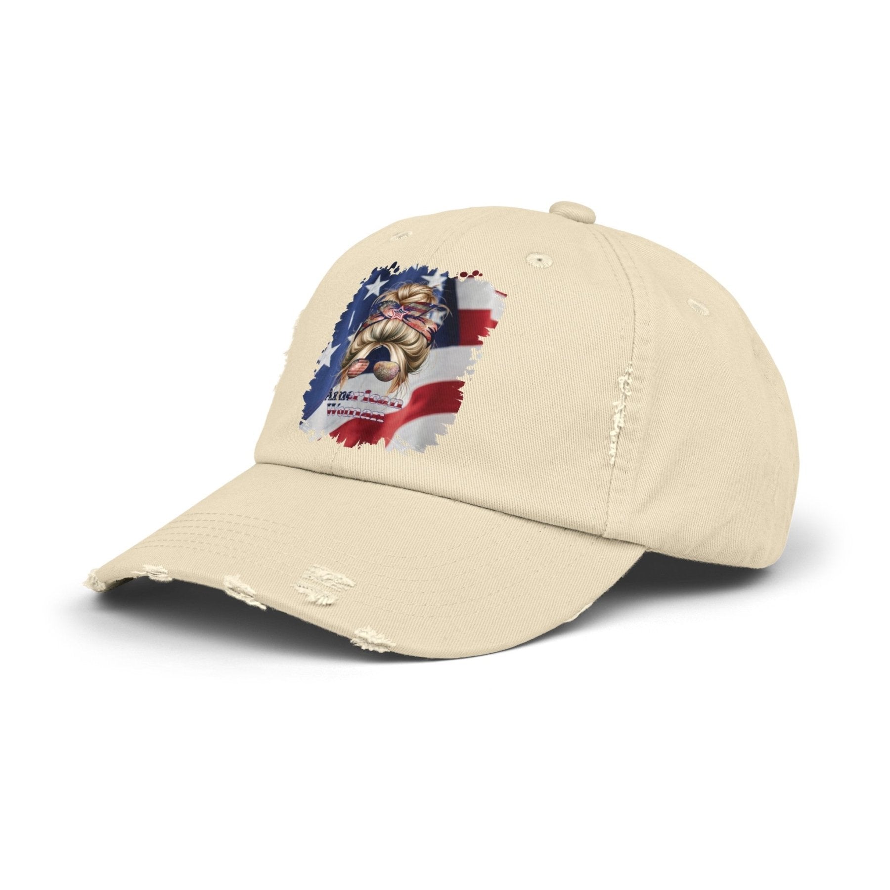 American Woman, Blond Hair Messy Bun, Patriotic, Unisex Distressed Cap - Janlyn's Crafts