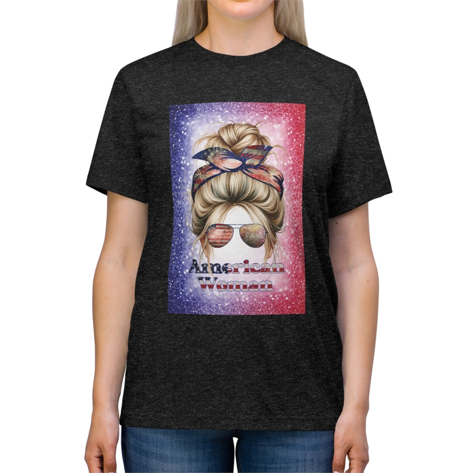 American Woman, Blond Hair, Red White Blue Background, Unisex Triblend T-Shirt - Janlyn's Crafts