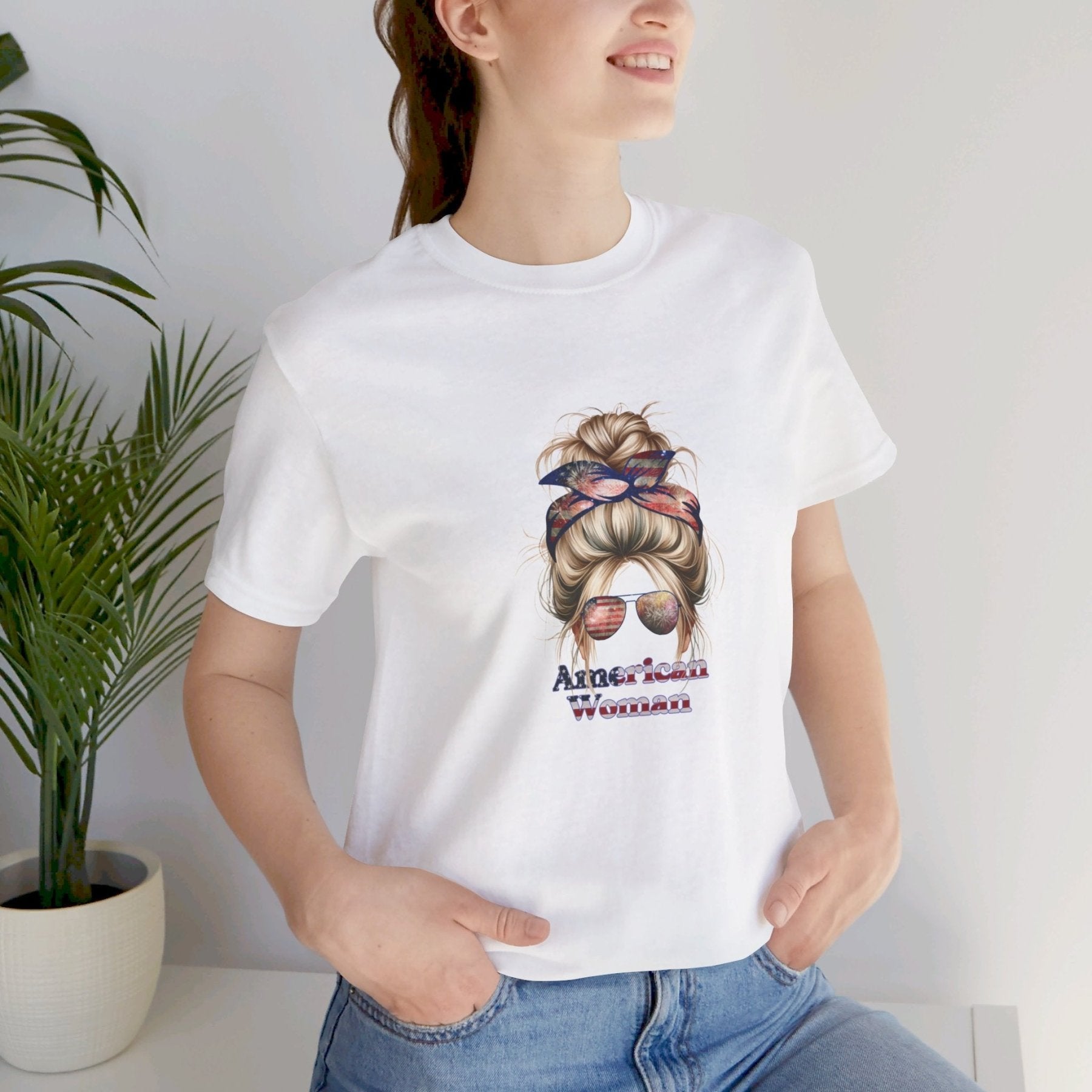 American Woman, Blond Hair, White Background, Unisex Jersey Short Sleeve Tee - Janlyn's Crafts