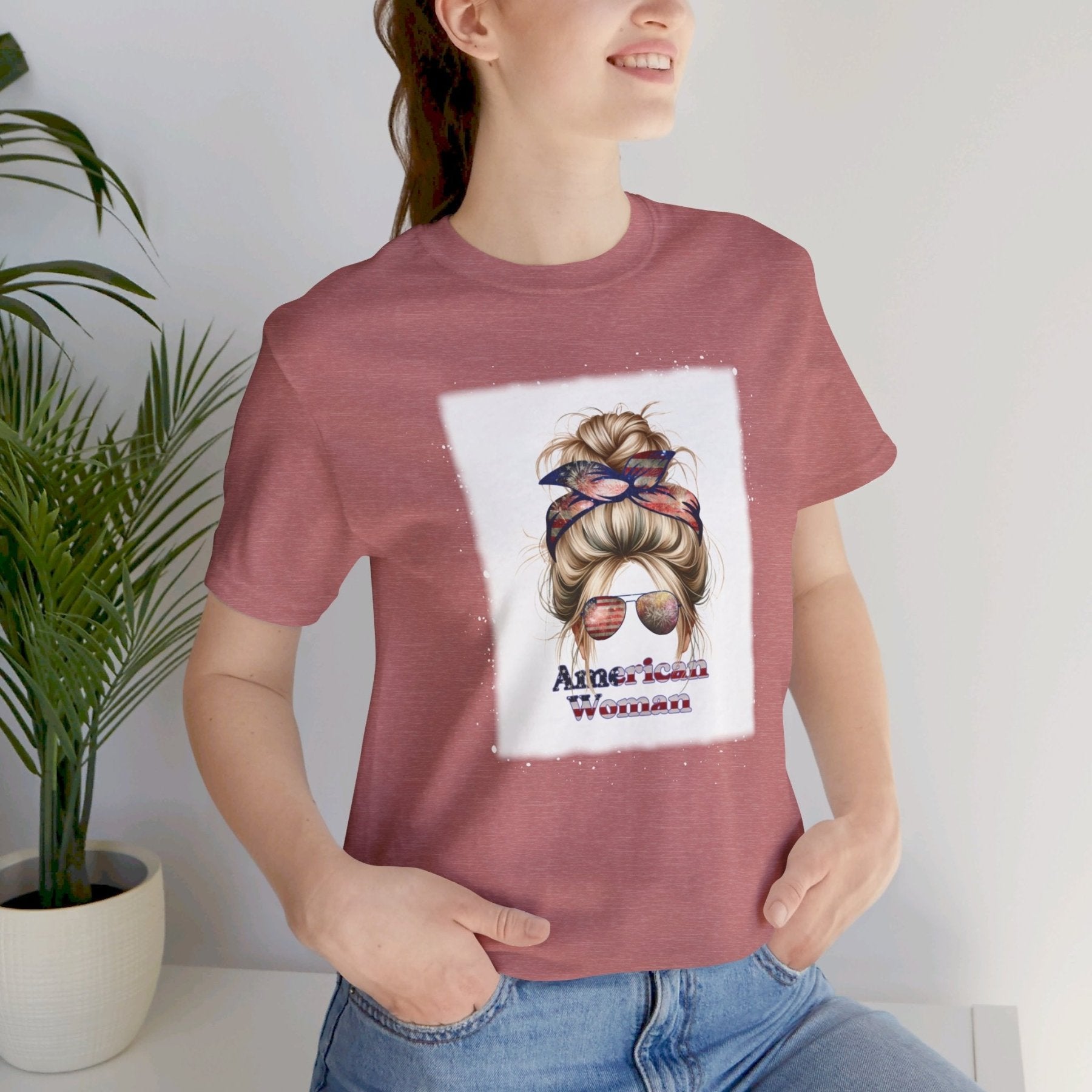 American Woman, Blond Hair, White Background, Unisex Jersey Short Sleeve Tee - Janlyn's Crafts