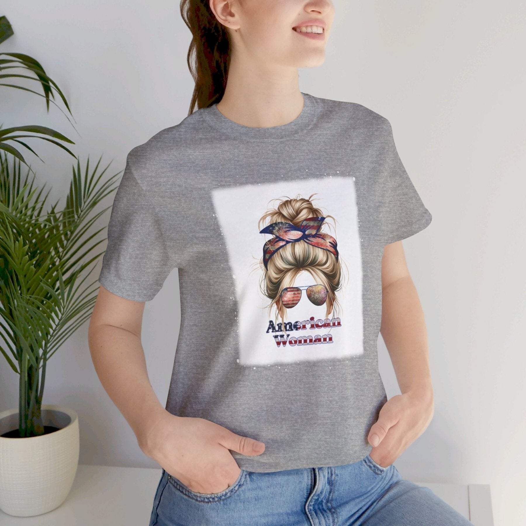 American Woman, Blond Hair, White Background, Unisex Jersey Short Sleeve Tee - Janlyn's Crafts