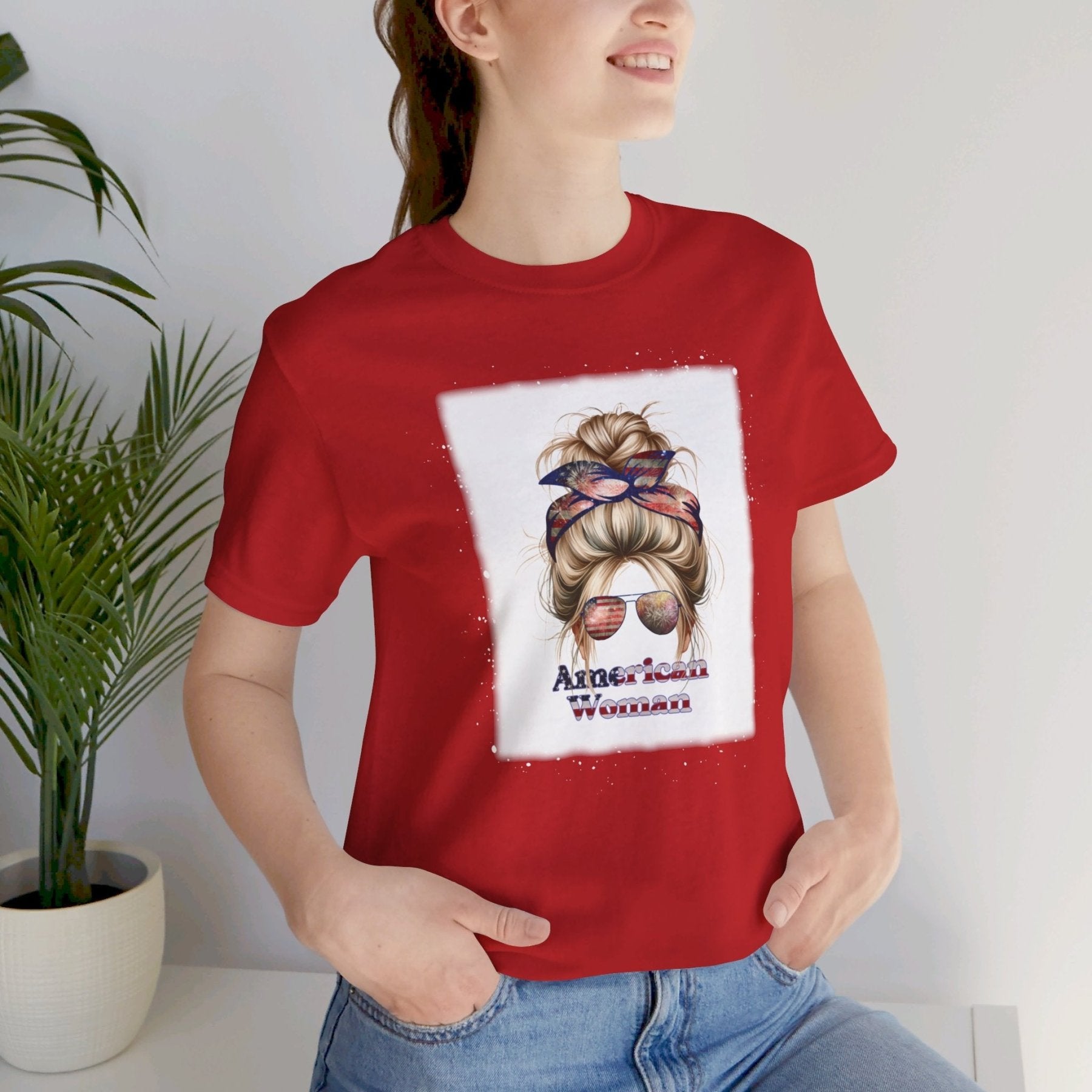 American Woman, Blond Hair, White Background, Unisex Jersey Short Sleeve Tee - Janlyn's Crafts