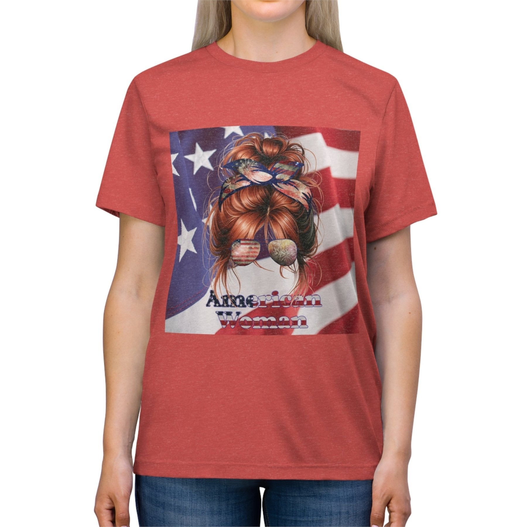 American Woman, Red Hair, American Flag Background, Unisex Triblend T-Shirt - Janlyn's Crafts