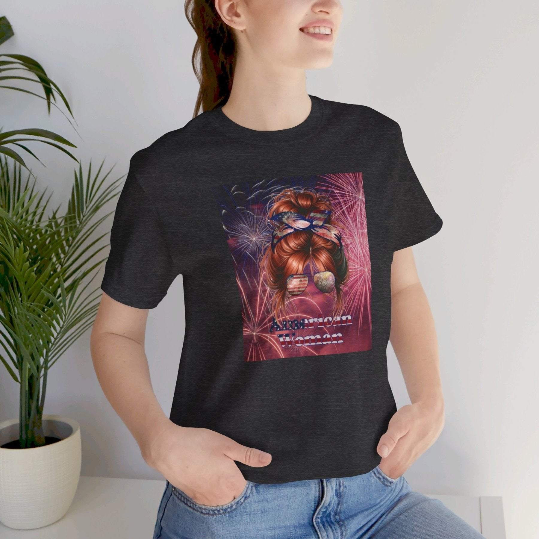 American Woman, Red Hair, Fireworks Background, Unisex Jersey Short Sleeve Tee - Janlyn's Crafts