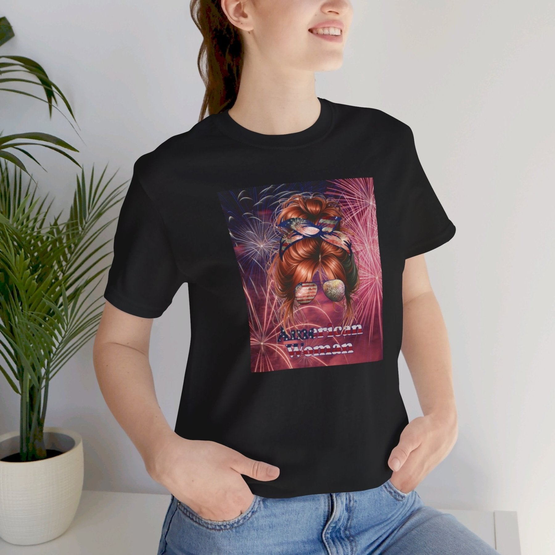 American Woman, Red Hair, Fireworks Background, Unisex Jersey Short Sleeve Tee - Janlyn's Crafts