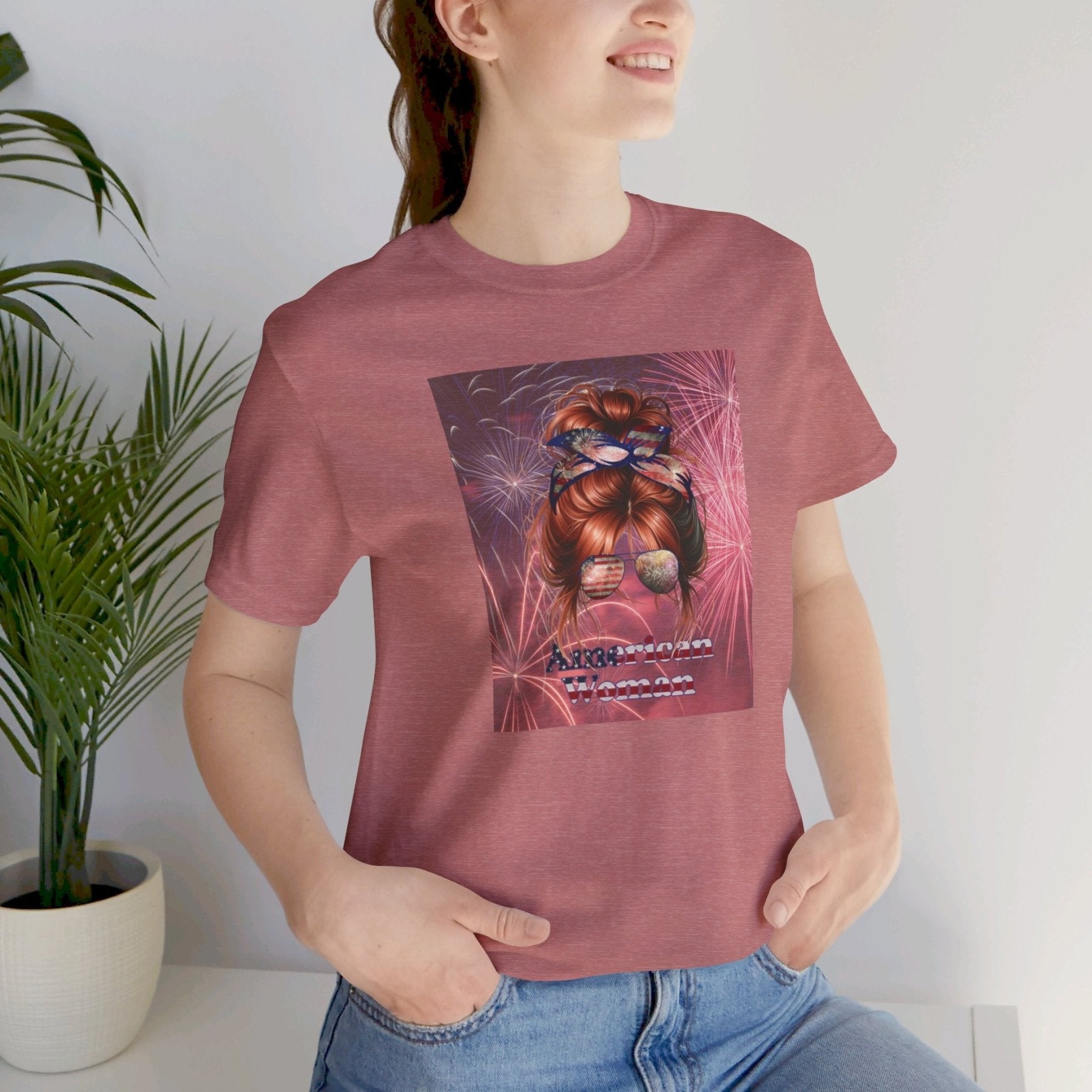 American Woman, Red Hair, Fireworks Background, Unisex Jersey Short Sleeve Tee - Janlyn's Crafts