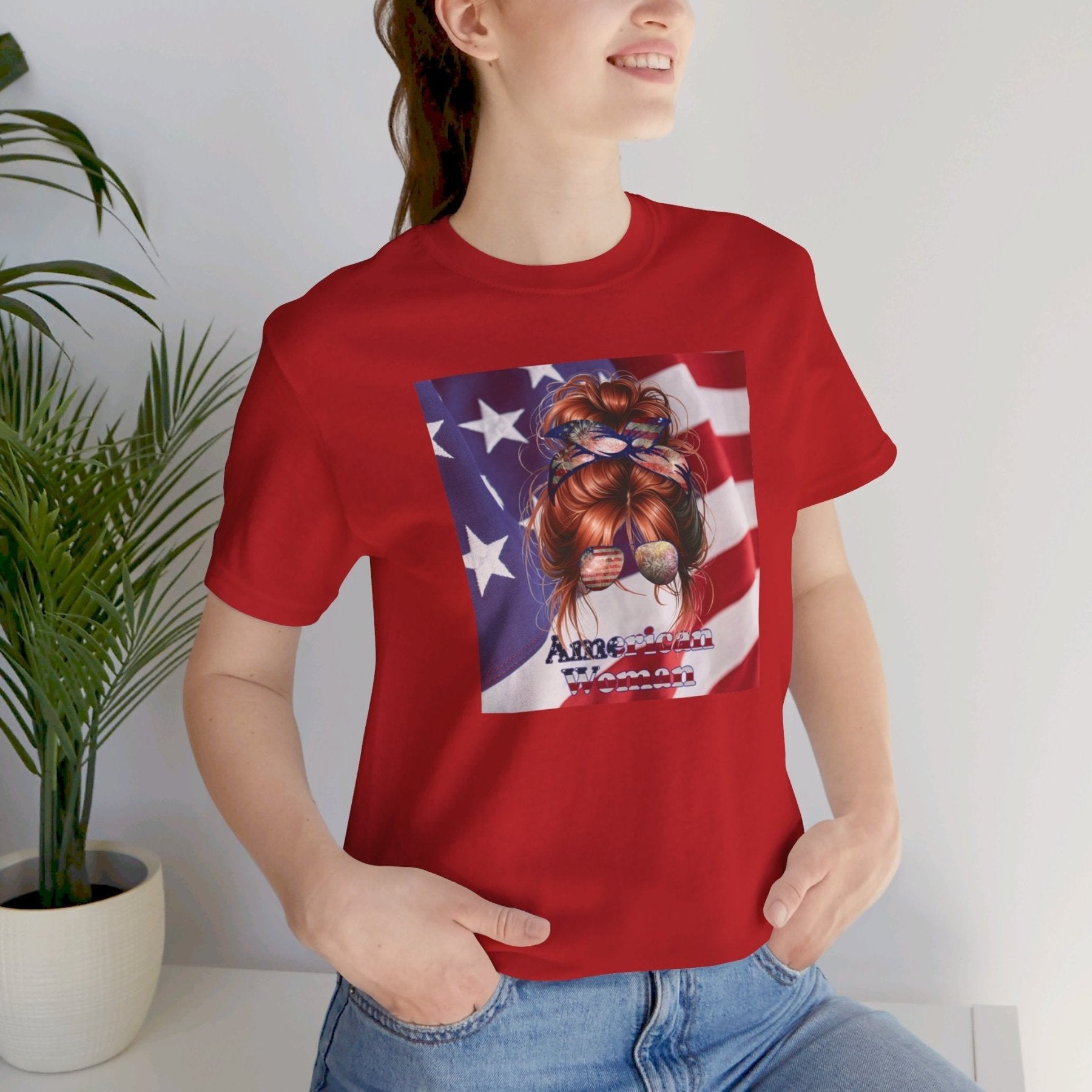 American Woman, Red Hair, Flag Background, Unisex Jersey Short Sleeve Tee - Janlyn's Crafts