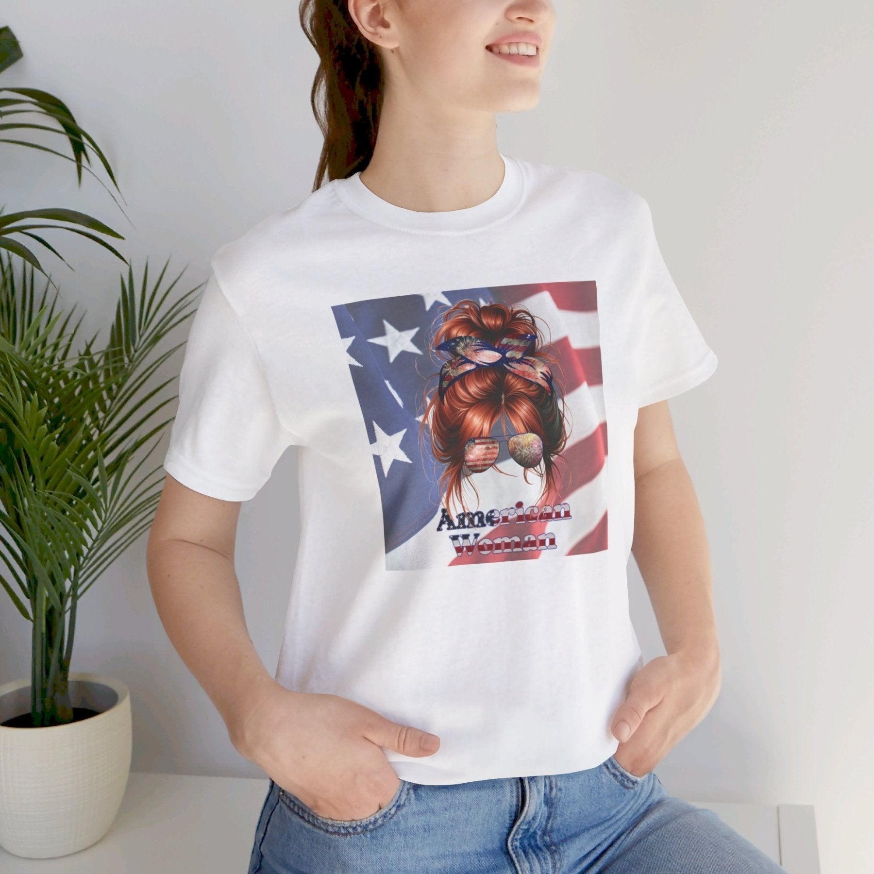 American Woman, Red Hair, Flag Background, Unisex Jersey Short Sleeve Tee - Janlyn's Crafts