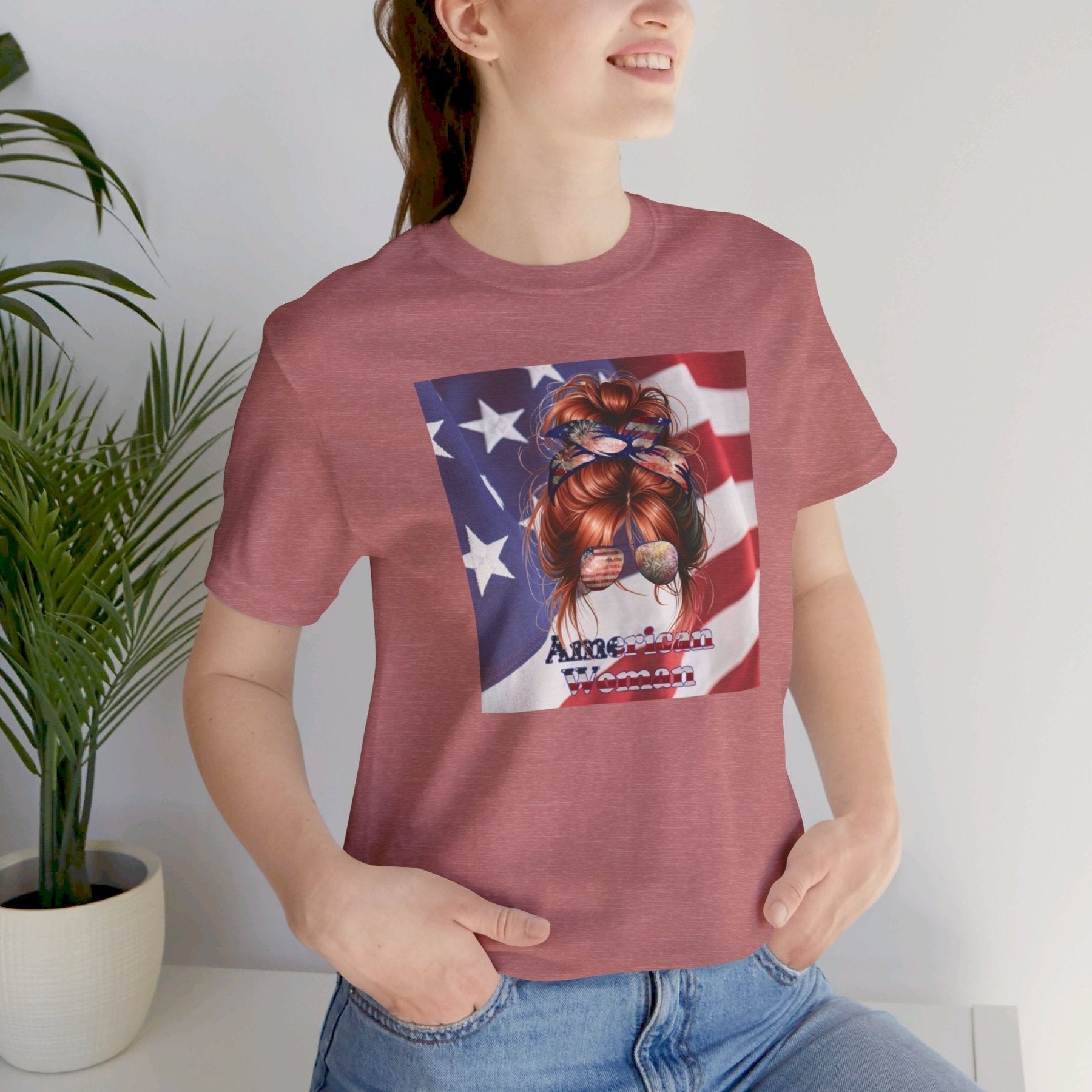 American Woman, Red Hair, Flag Background, Unisex Jersey Short Sleeve Tee - Janlyn's Crafts