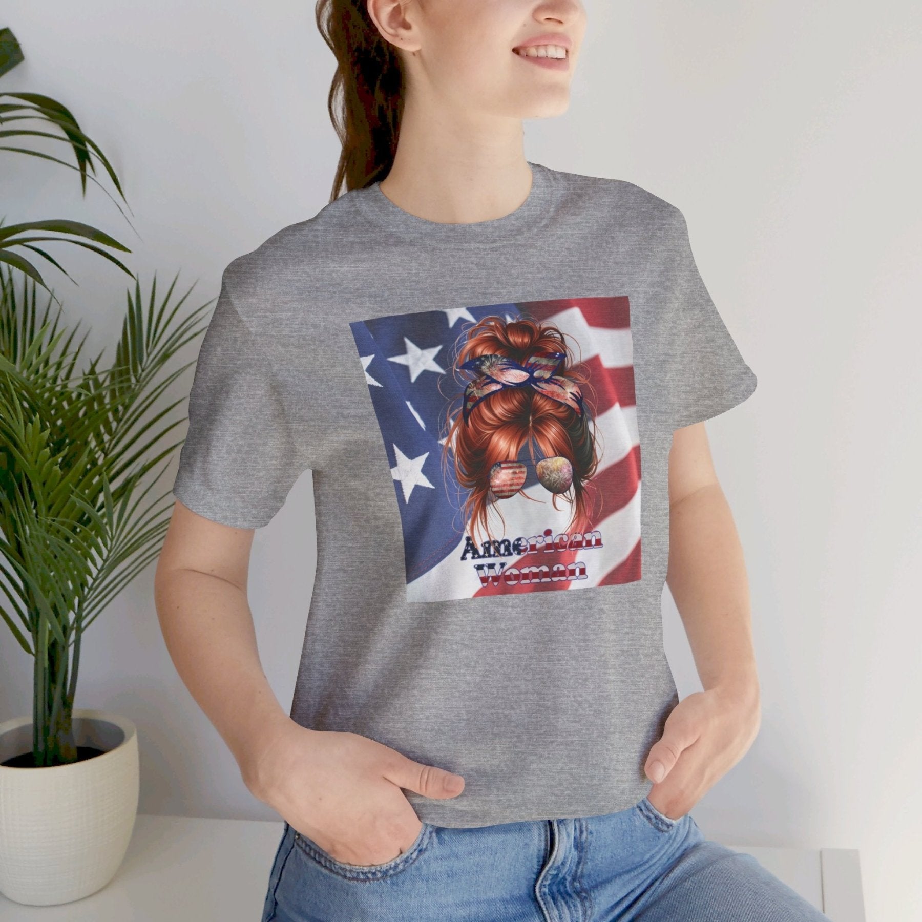 American Woman, Red Hair, Flag Background, Unisex Jersey Short Sleeve Tee - Janlyn's Crafts