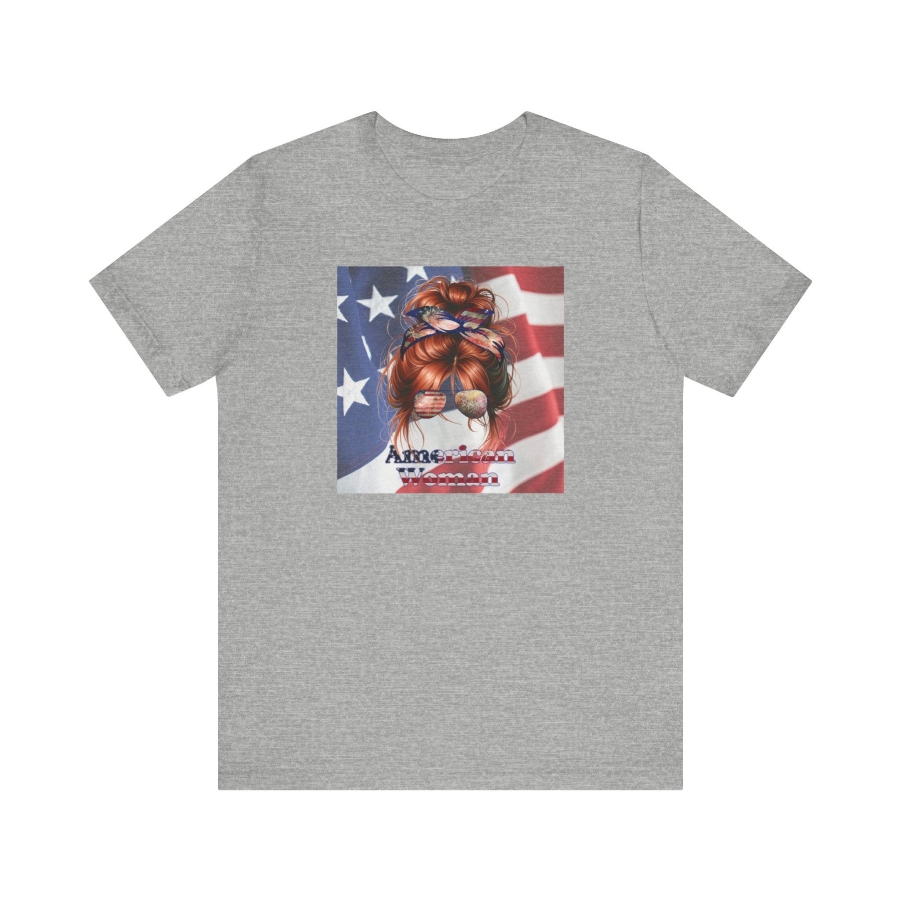 American Woman, Red Hair, Flag Background, Unisex Jersey Short Sleeve Tee - Janlyn's Crafts