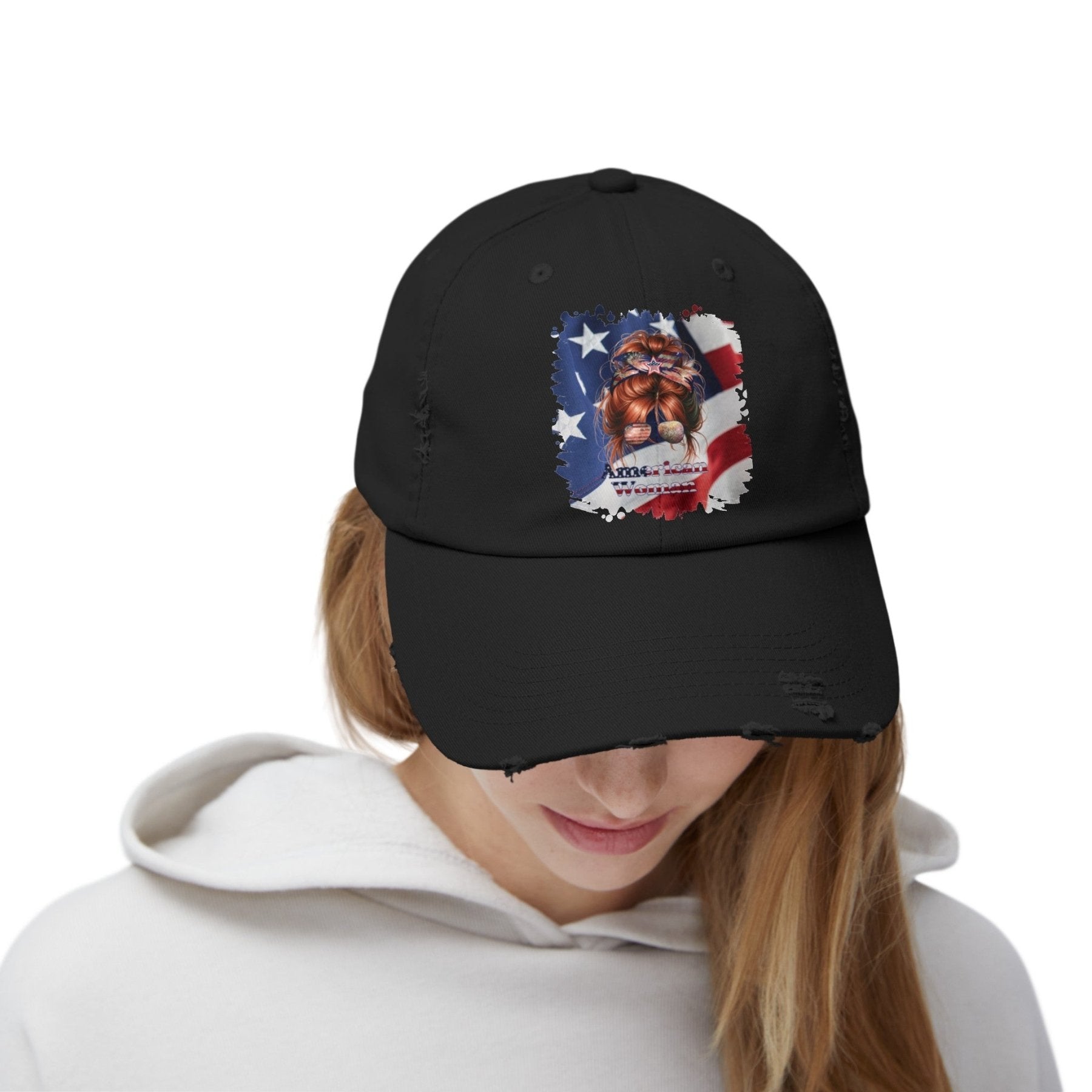 American Woman, Red Hair Messy Bun, Patriotic, Unisex Distressed Cap - Janlyn's Crafts