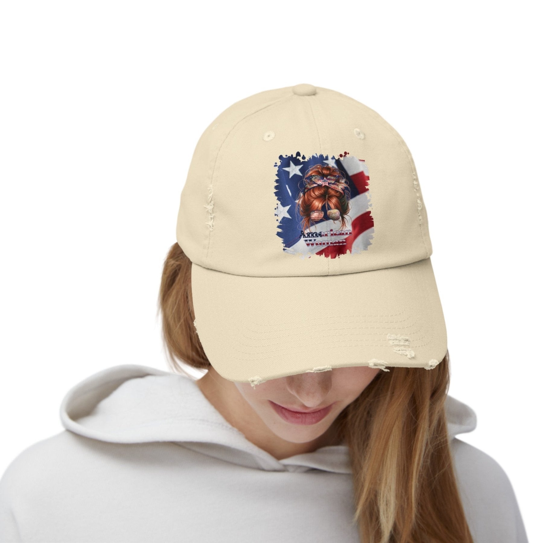 American Woman, Red Hair Messy Bun, Patriotic, Unisex Distressed Cap - Janlyn's Crafts