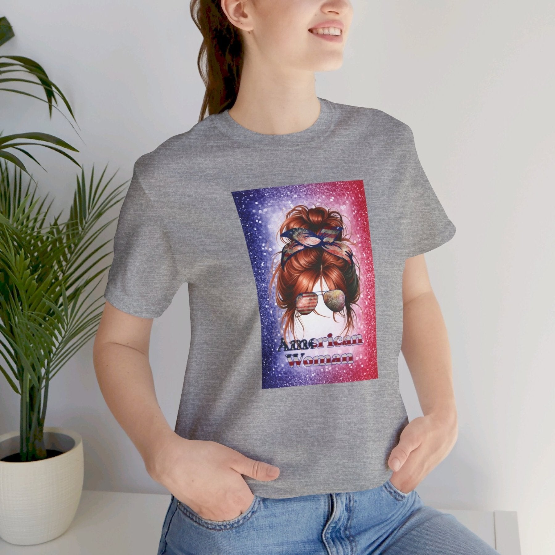 American Woman, Red Hair, Red White Blue Background, Unisex Jersey Short Sleeve Tee - Janlyn's Crafts