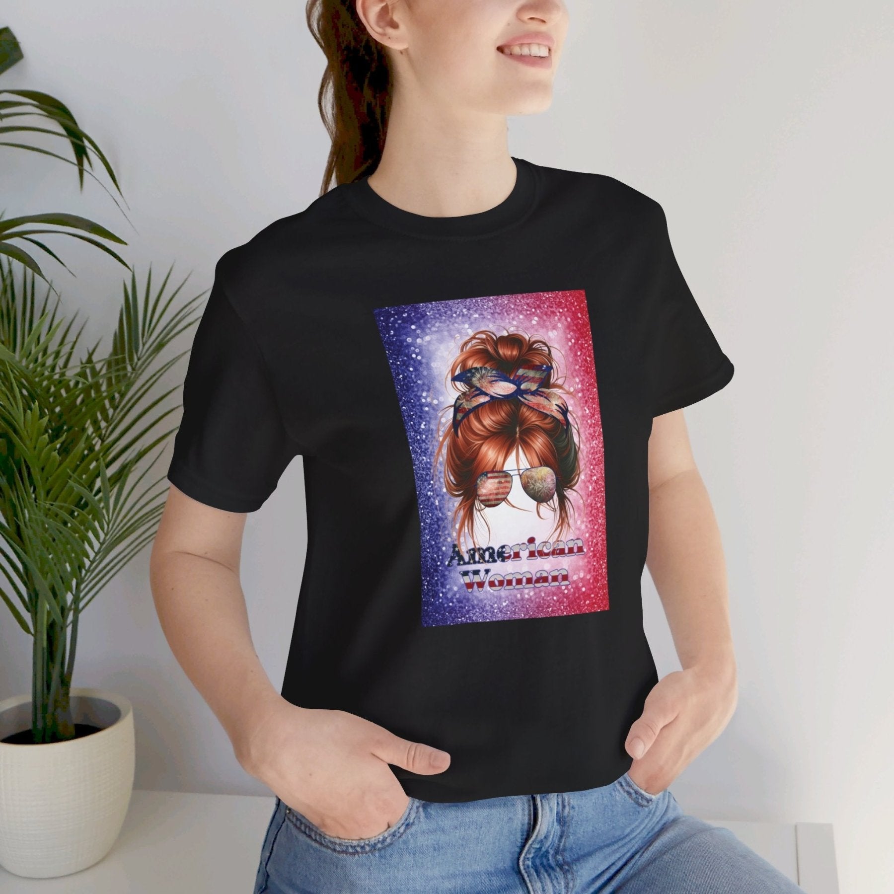 American Woman, Red Hair, Red White Blue Background, Unisex Jersey Short Sleeve Tee - Janlyn's Crafts