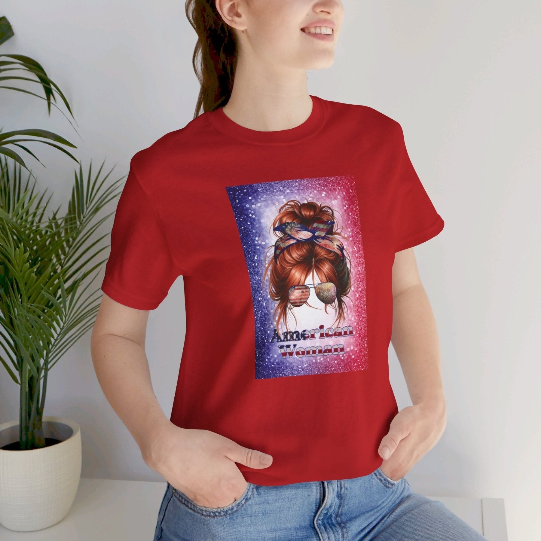 American Woman, Red Hair, Red White Blue Background, Unisex Jersey Short Sleeve Tee - Janlyn's Crafts