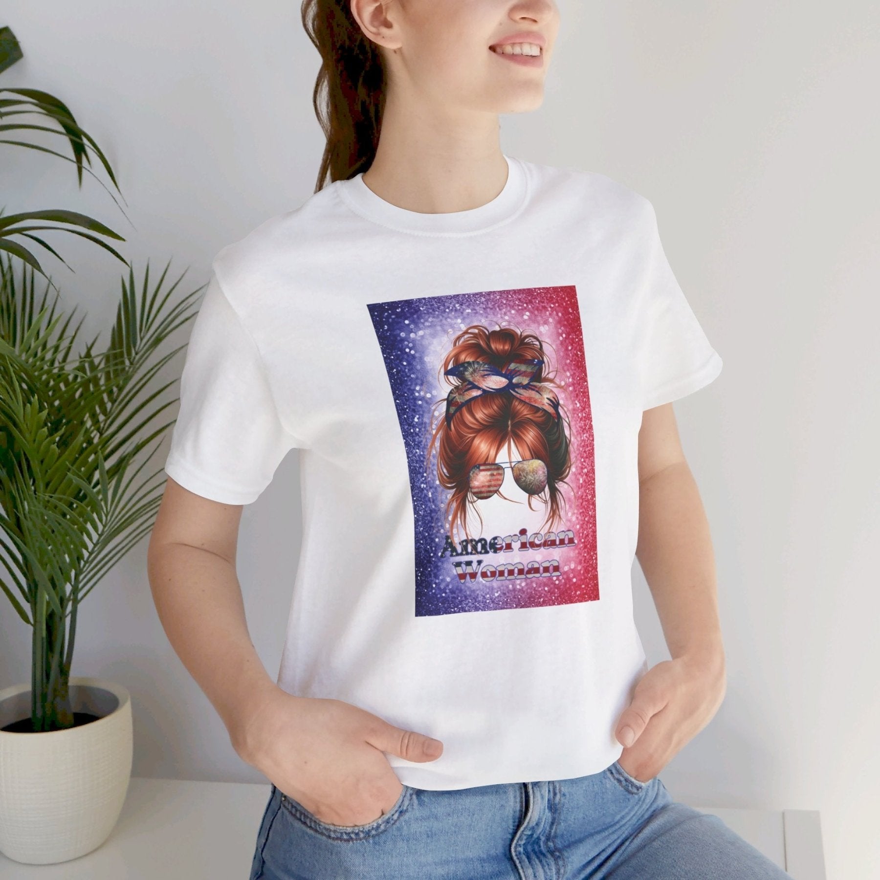 American Woman, Red Hair, Red White Blue Background, Unisex Jersey Short Sleeve Tee - Janlyn's Crafts