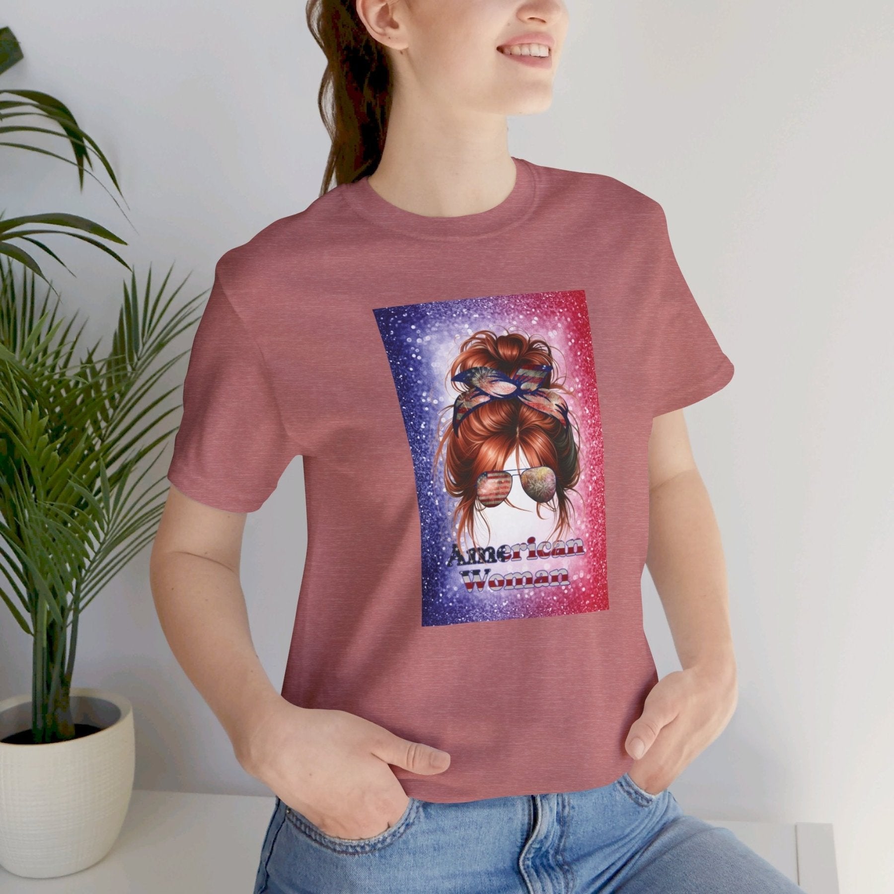 American Woman, Red Hair, Red White Blue Background, Unisex Jersey Short Sleeve Tee - Janlyn's Crafts