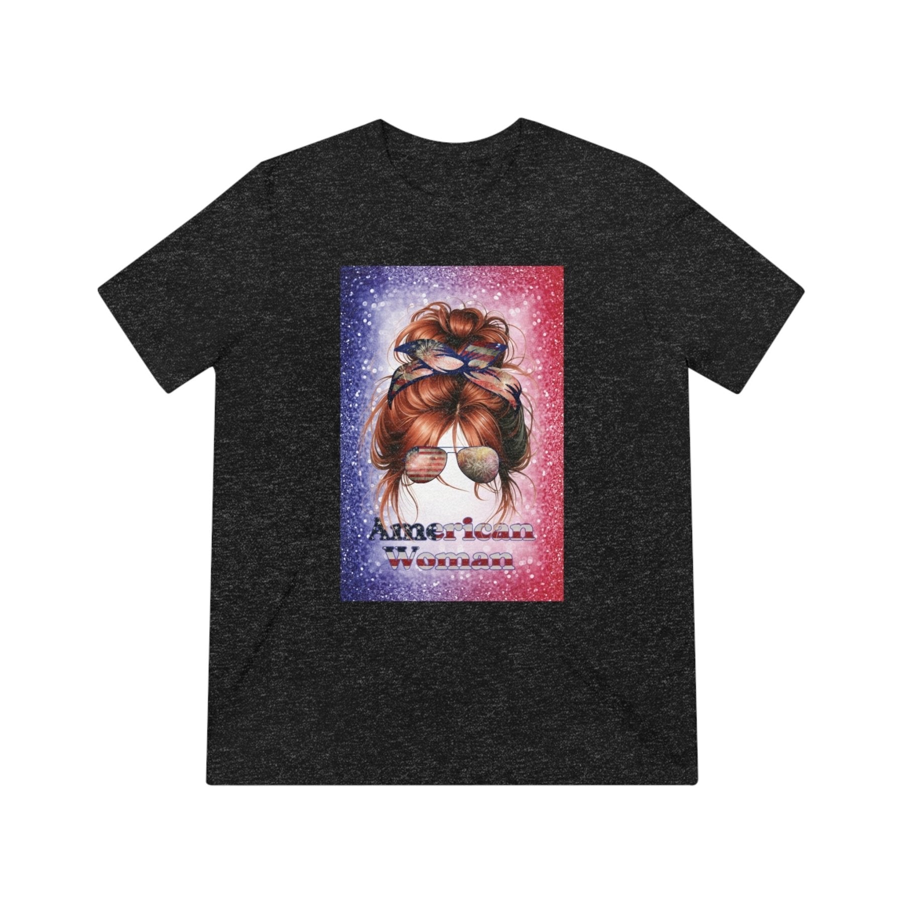 American Woman, Red Hair, Red White Blue Background, Unisex Triblend T-Shirt - Janlyn's Crafts