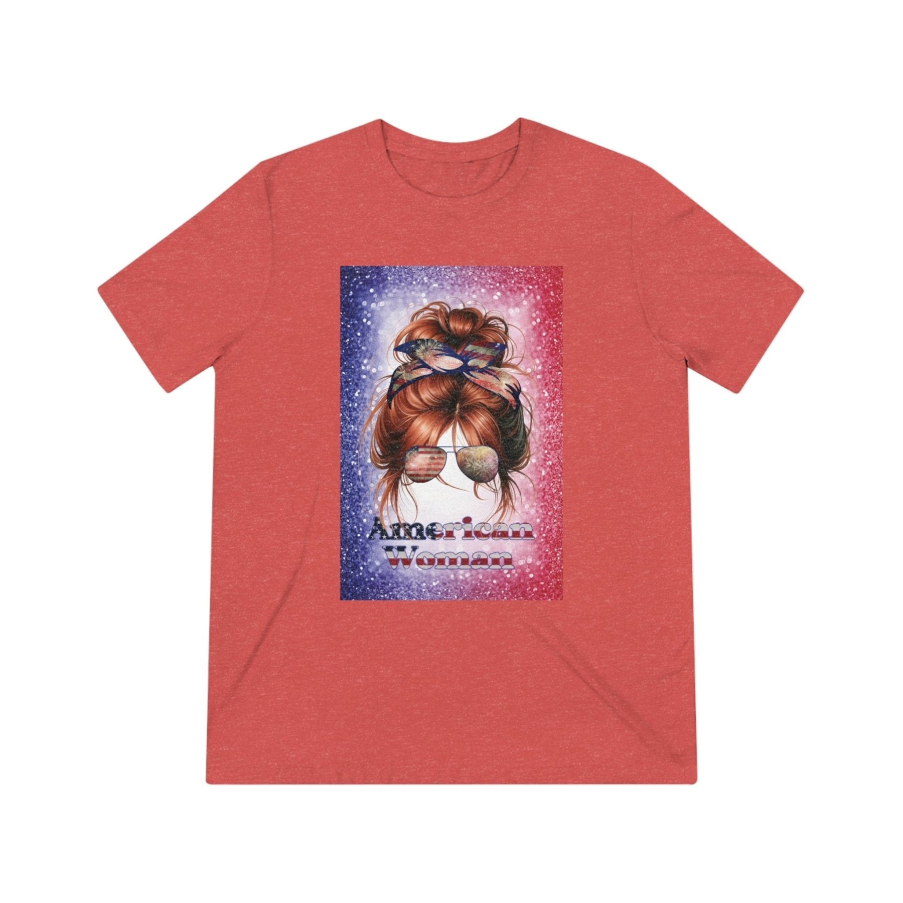 American Woman, Red Hair, Red White Blue Background, Unisex Triblend T-Shirt - Janlyn's Crafts