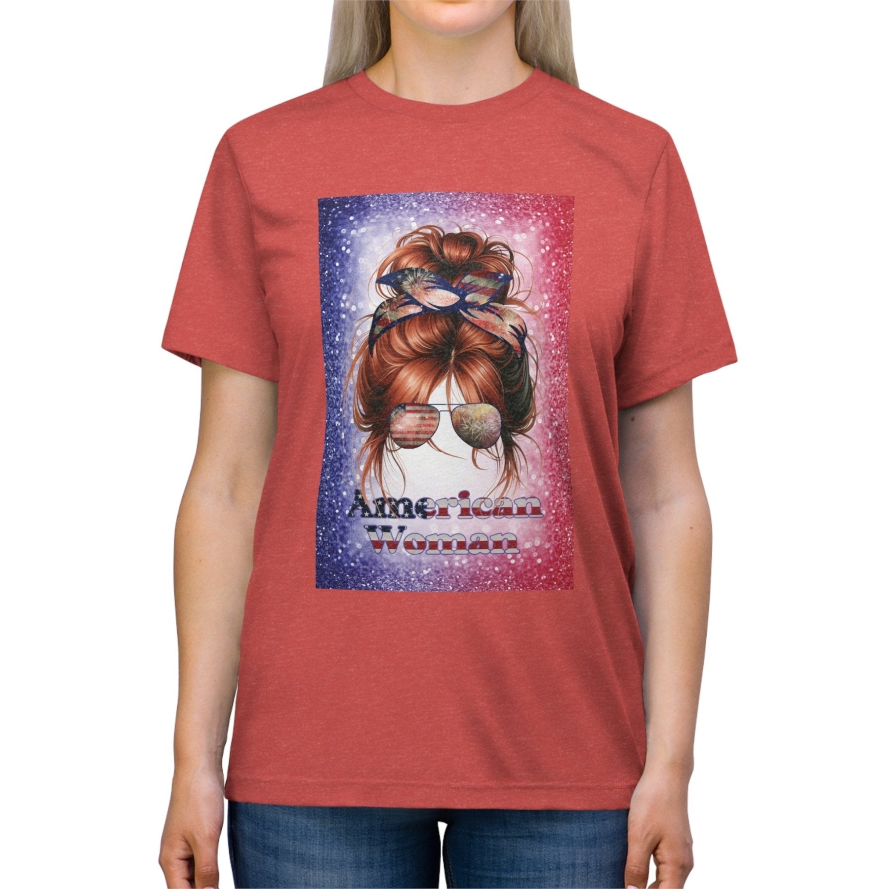 American Woman, Red Hair, Red White Blue Background, Unisex Triblend T-Shirt - Janlyn's Crafts