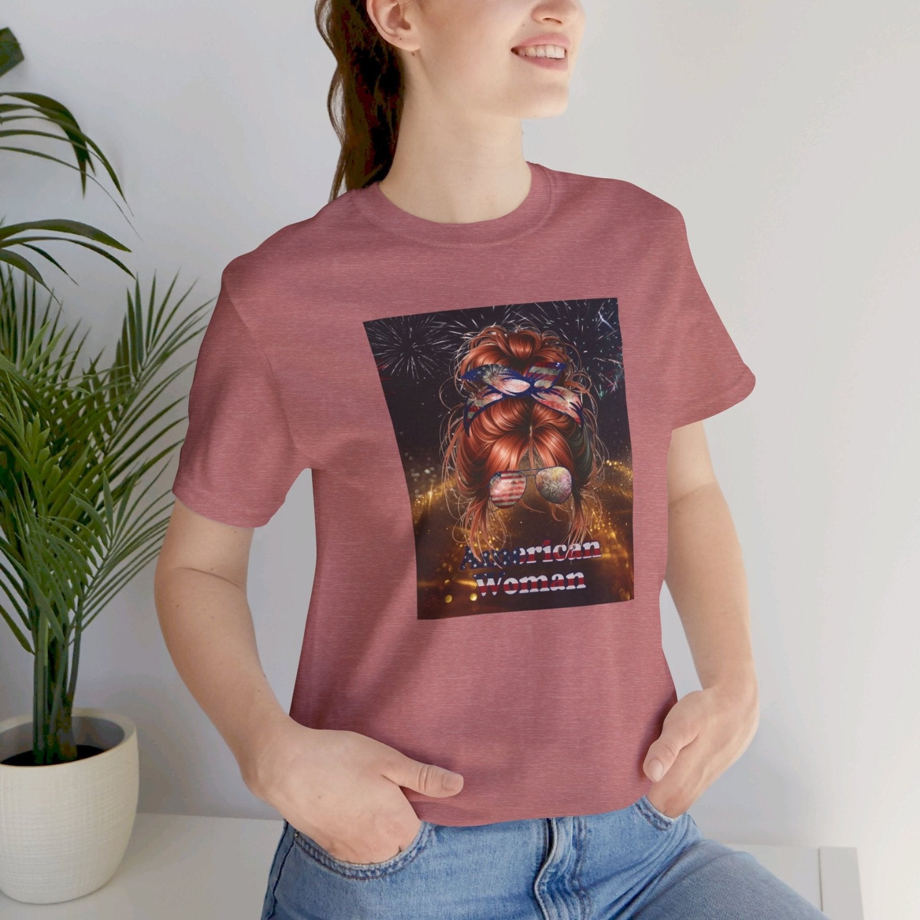 American Woman, Red Hair, Sparkle Background, Unisex Jersey Short Sleeve Tee - Janlyn's Crafts