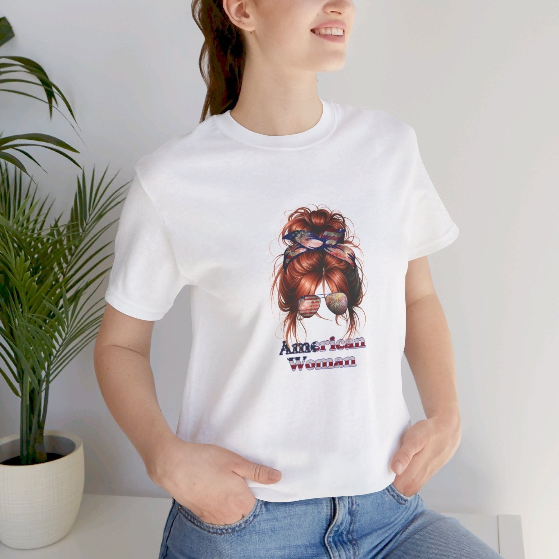 American Woman, Red Hair, White Background, Unisex Jersey Short Sleeve Tee - Janlyn's Crafts