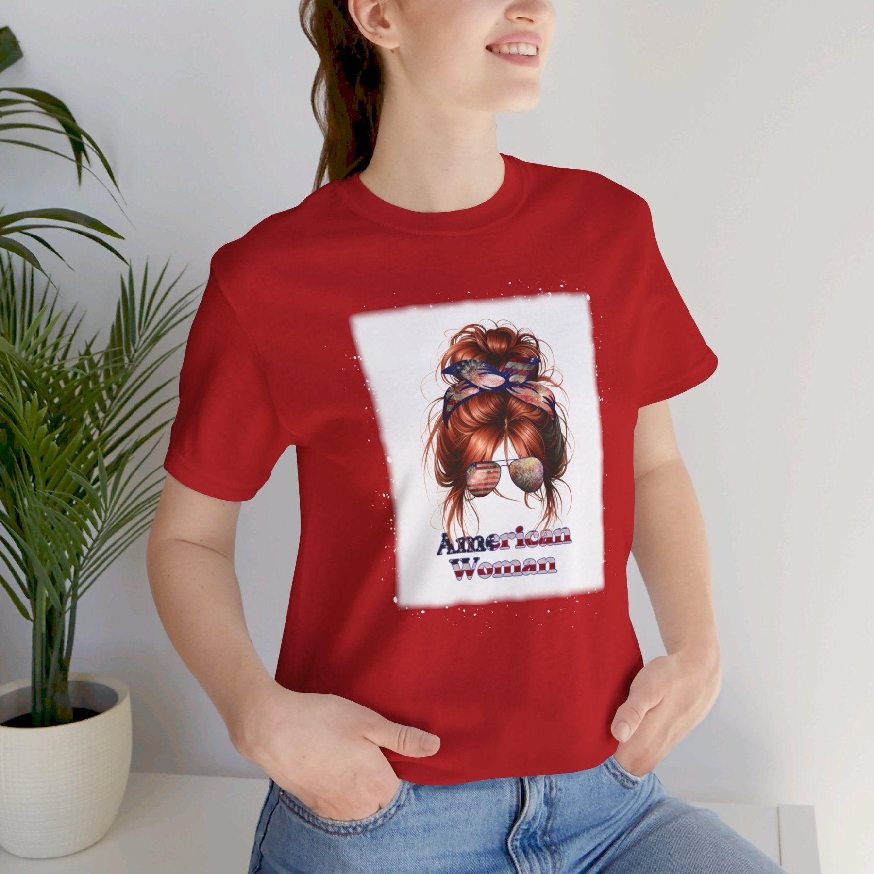 American Woman, Red Hair, White Background, Unisex Jersey Short Sleeve Tee - Janlyn's Crafts