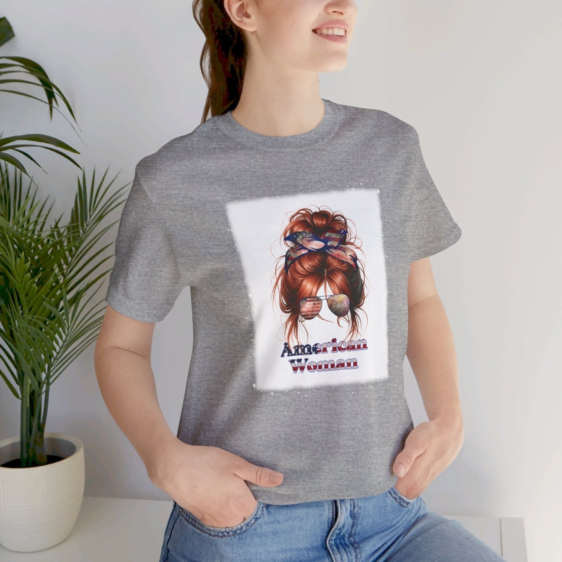 American Woman, Red Hair, White Background, Unisex Jersey Short Sleeve Tee - Janlyn's Crafts