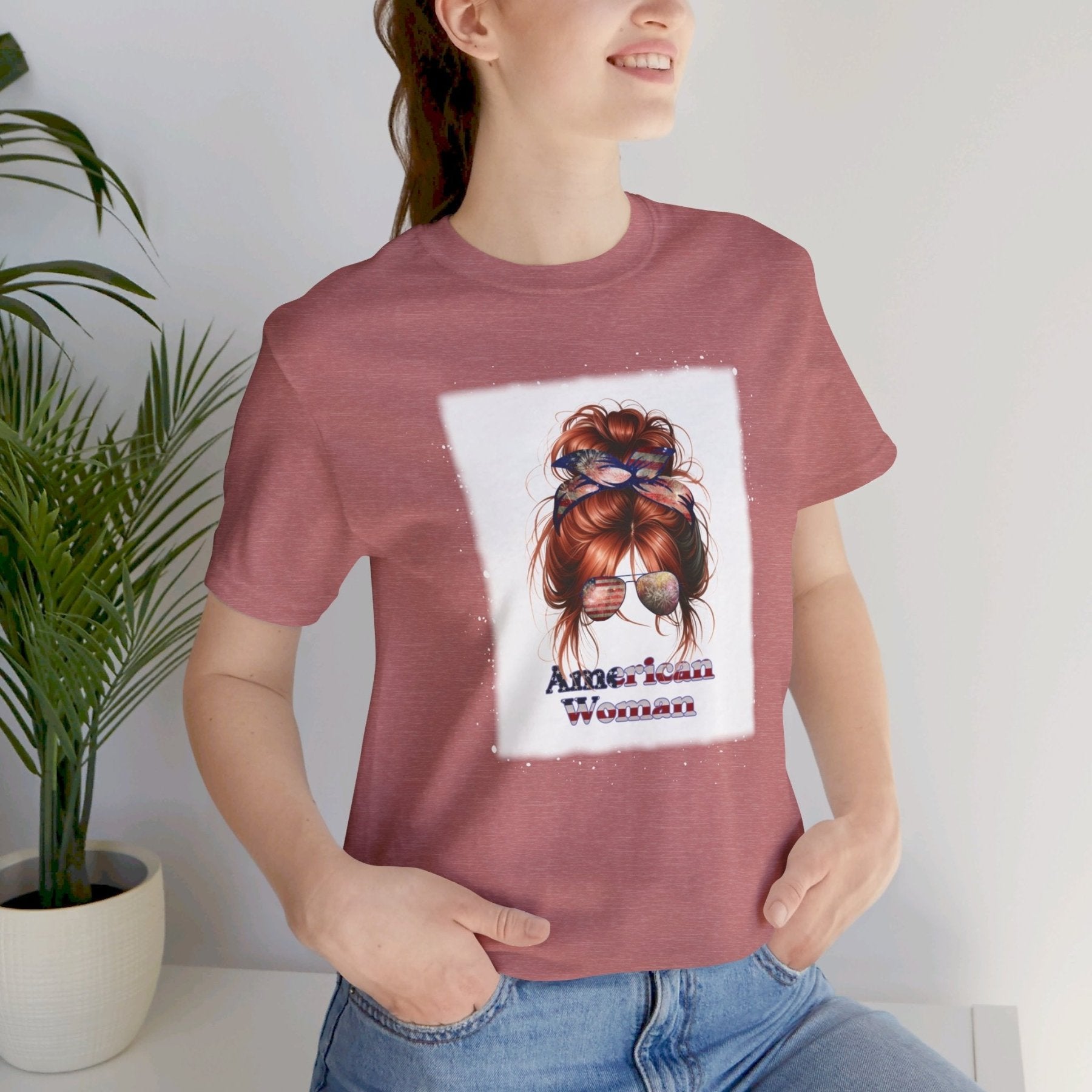 American Woman, Red Hair, White Background, Unisex Jersey Short Sleeve Tee - Janlyn's Crafts