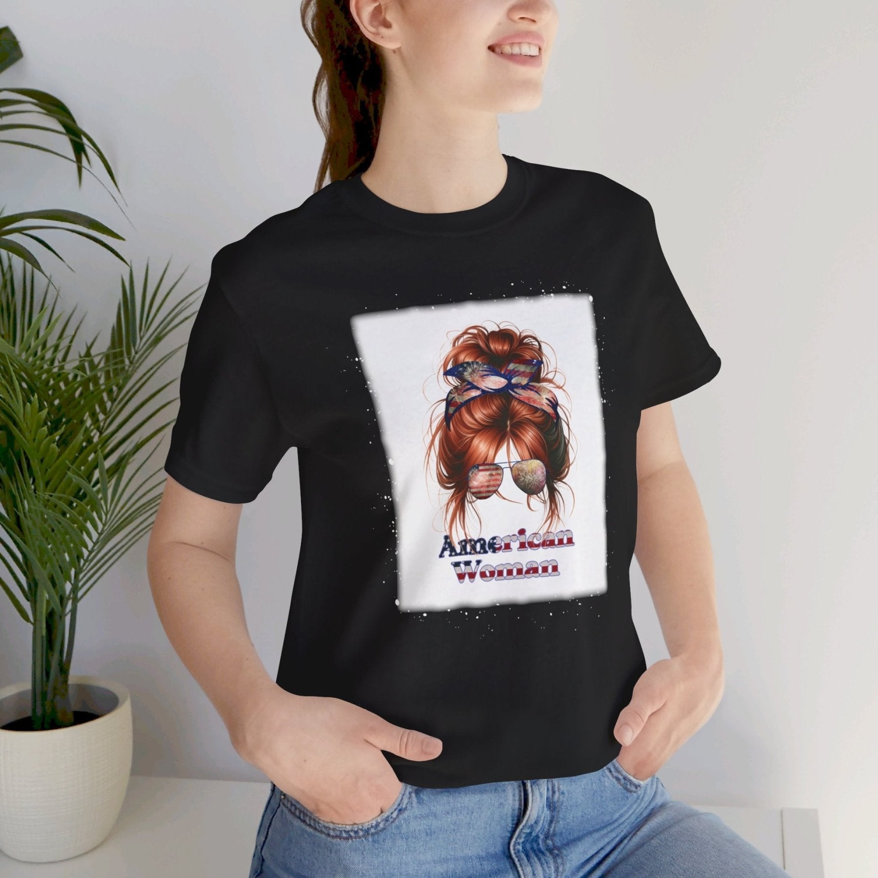 American Woman, Red Hair, White Background, Unisex Jersey Short Sleeve Tee - Janlyn's Crafts