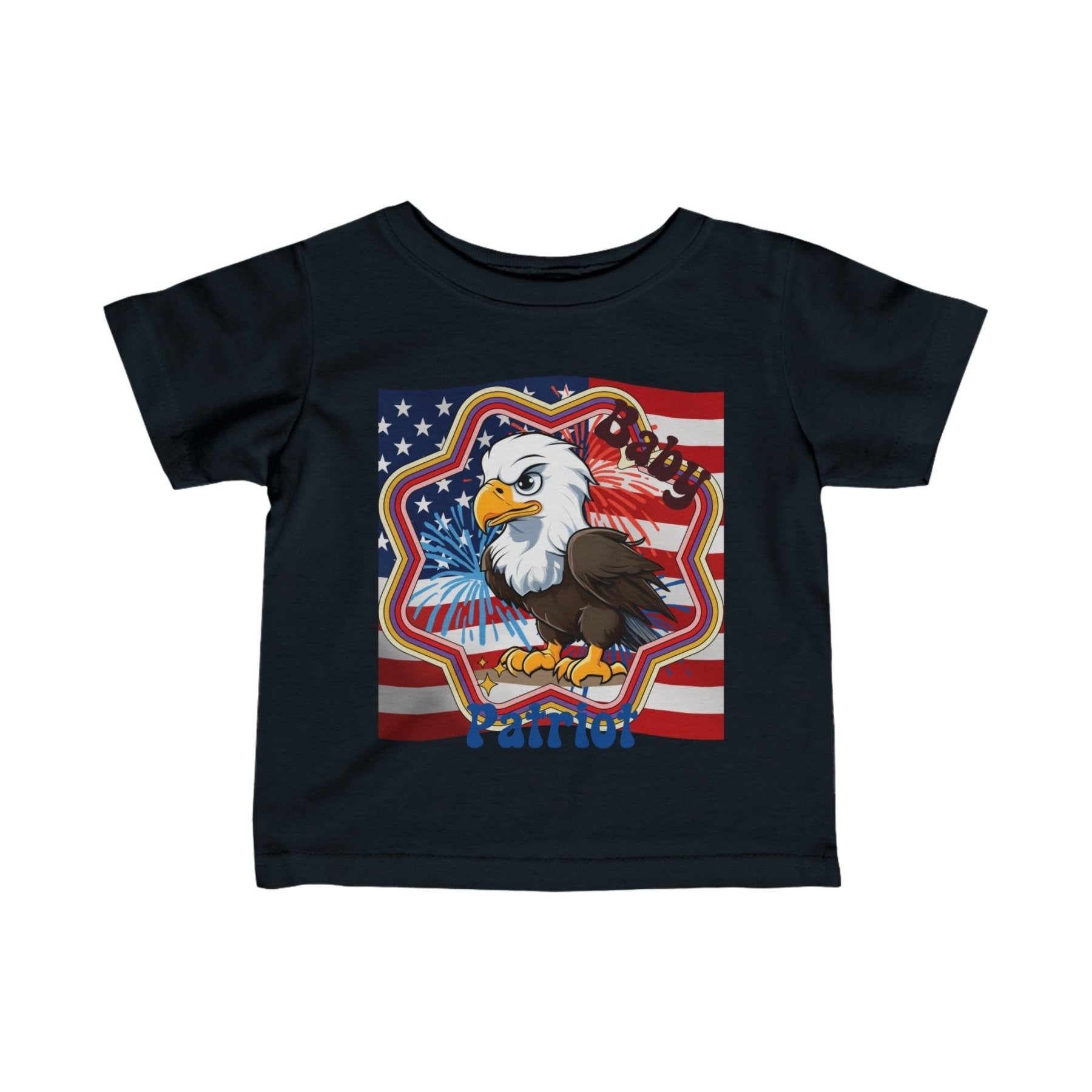 Baby Patriot, Baby Bald Eagle, Flag & Fireworks Background, Infant Fine Jersey Tee, 6M-24M - Janlyn's Crafts