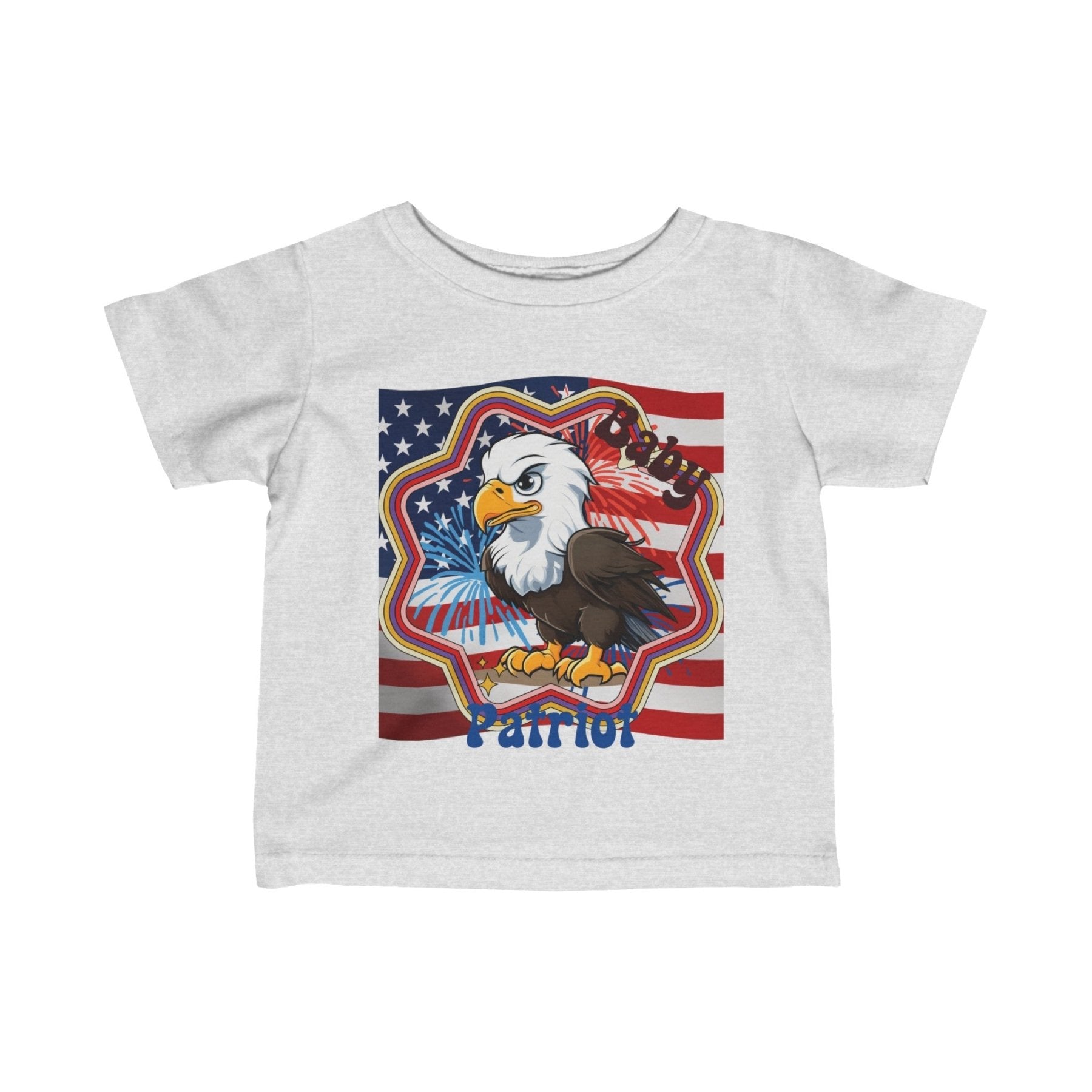 Baby Patriot, Baby Bald Eagle, Flag & Fireworks Background, Infant Fine Jersey Tee, 6M-24M - Janlyn's Crafts