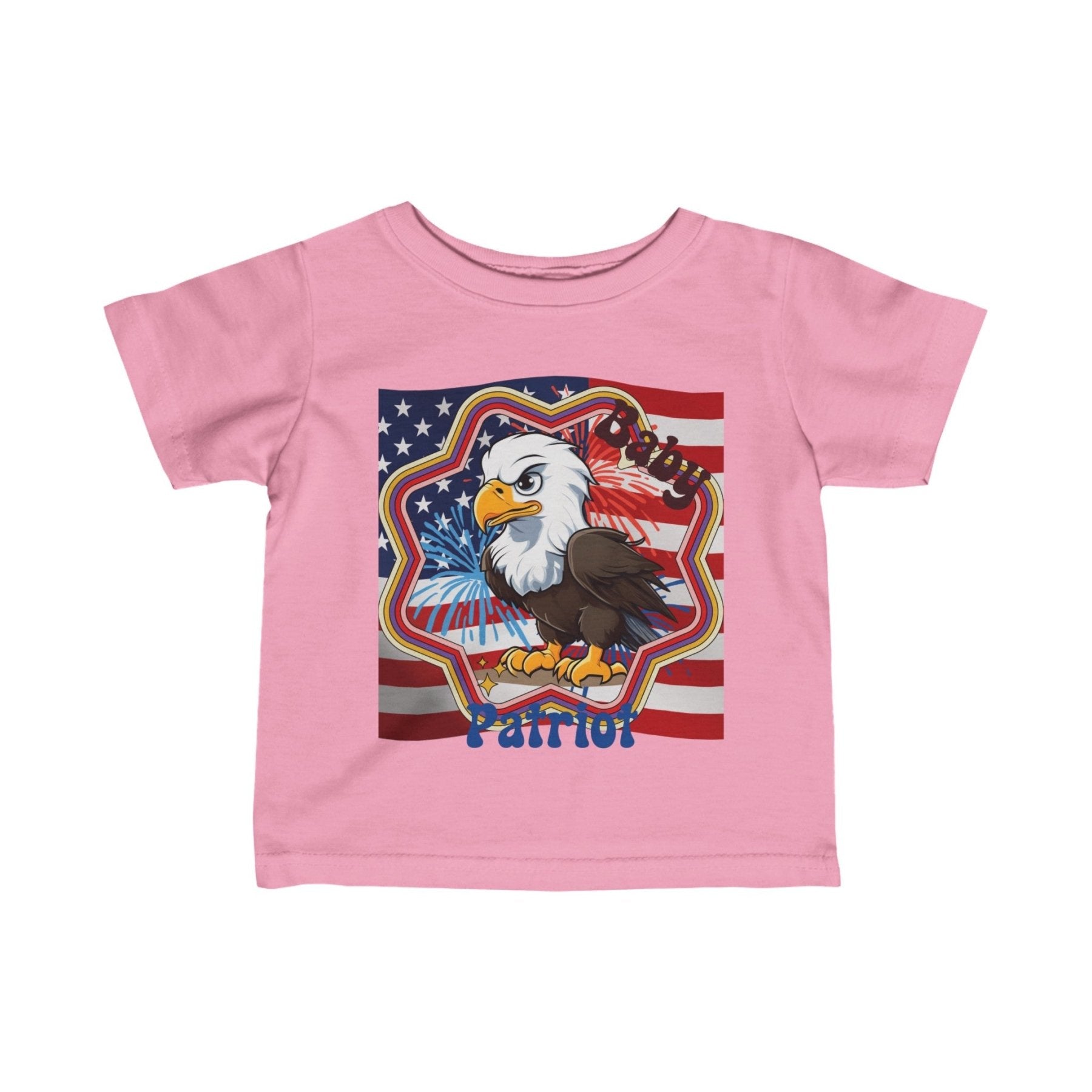 Baby Patriot, Baby Bald Eagle, Flag & Fireworks Background, Infant Fine Jersey Tee, 6M-24M - Janlyn's Crafts