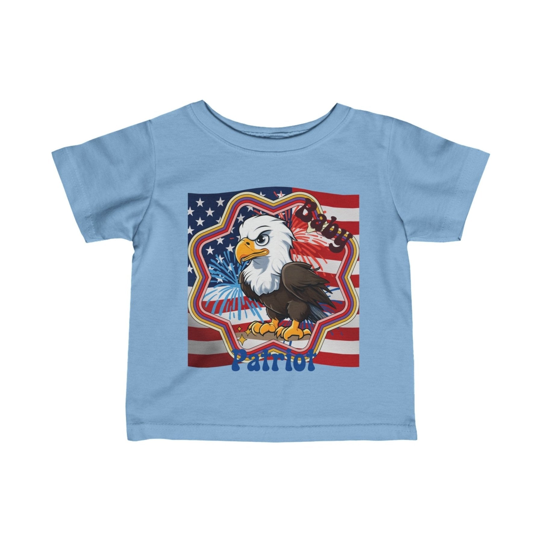 Baby Patriot, Baby Bald Eagle, Flag & Fireworks Background, Infant Fine Jersey Tee, 6M-24M - Janlyn's Crafts