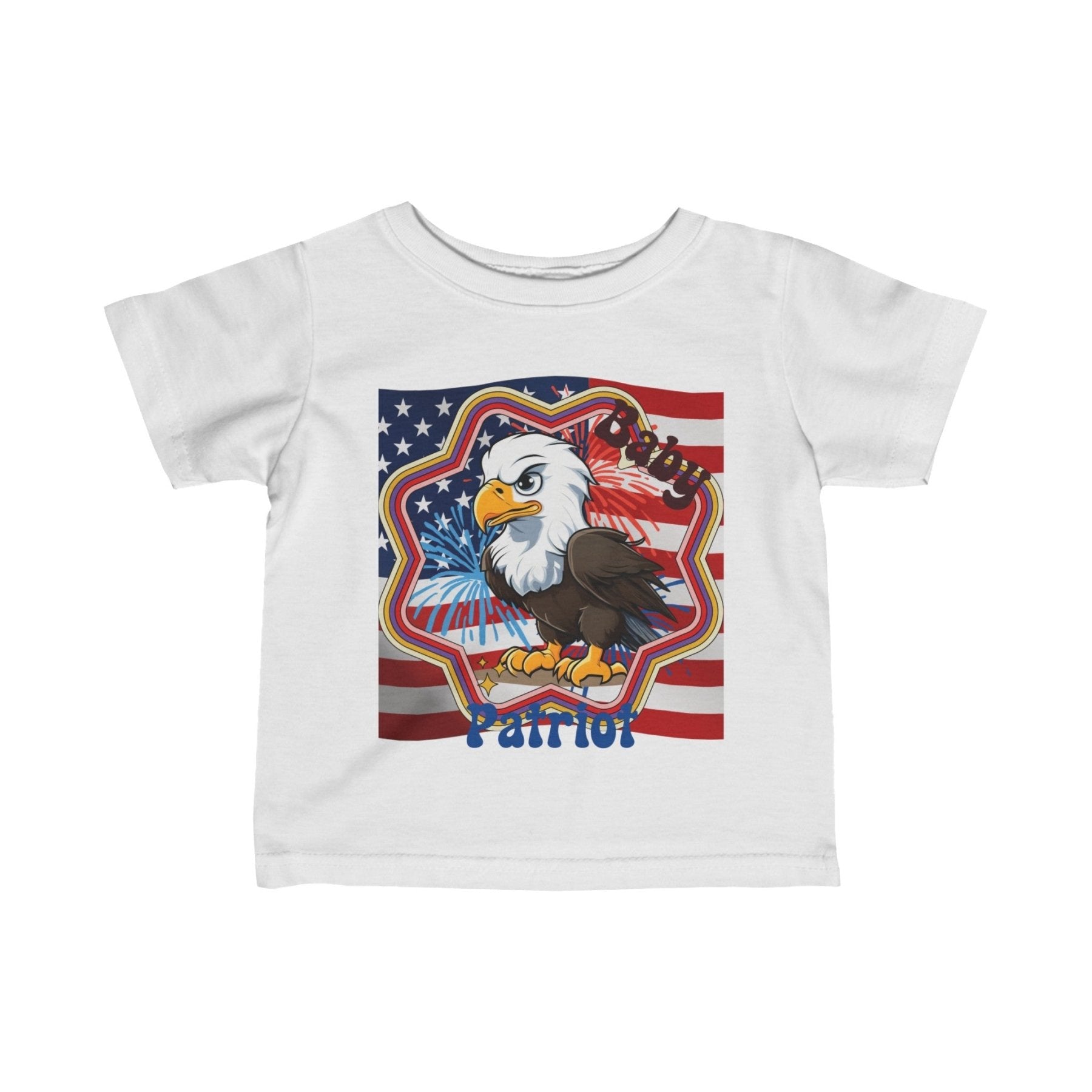 Baby Patriot, Baby Bald Eagle, Flag & Fireworks Background, Infant Fine Jersey Tee, 6M-24M - Janlyn's Crafts